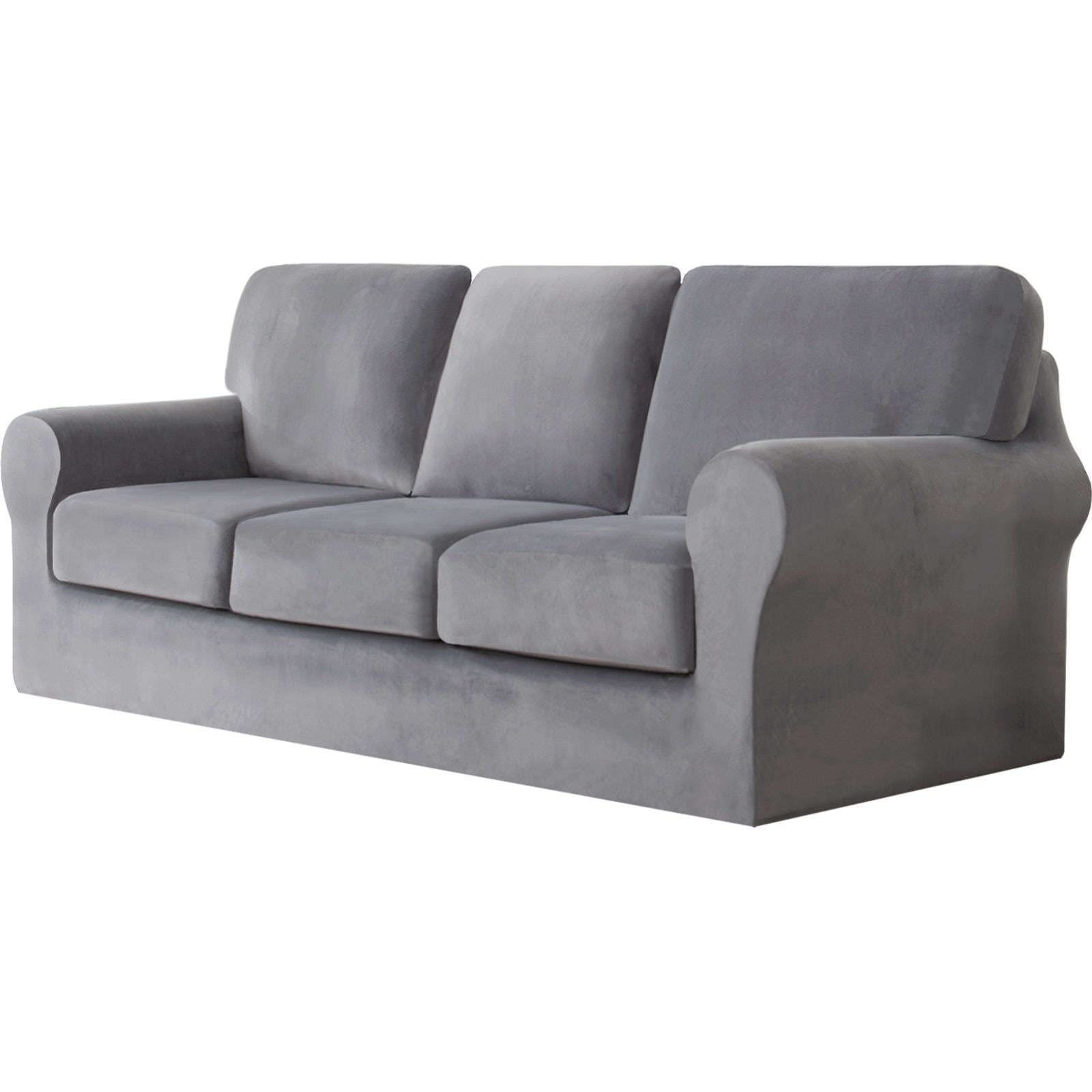 Luxury Velvet Plush 7-Piece Stretch Sofa Slipcover - Modern Furniture Protector, Form-Fitting Extra Large Couch Cover for 3-Cushion Sofa (Light Gray, 3-Seat) - Perfect for Living Room, Home Decor & Pet Protection
