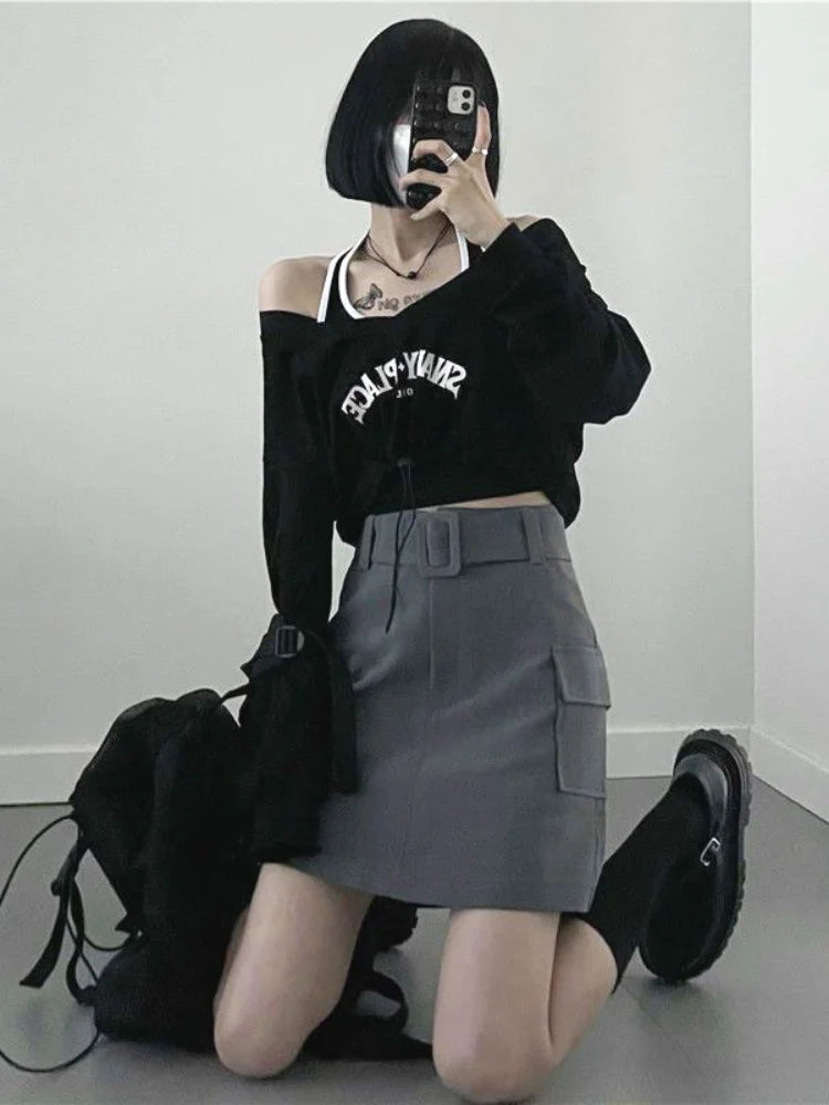 Vintage American Retro School Halter Crop Top for Women - Sexy Off Shoulder Long Sleeve Casual Tee | Perfect for Date Night, Music Festivals & Streetwear Fashion