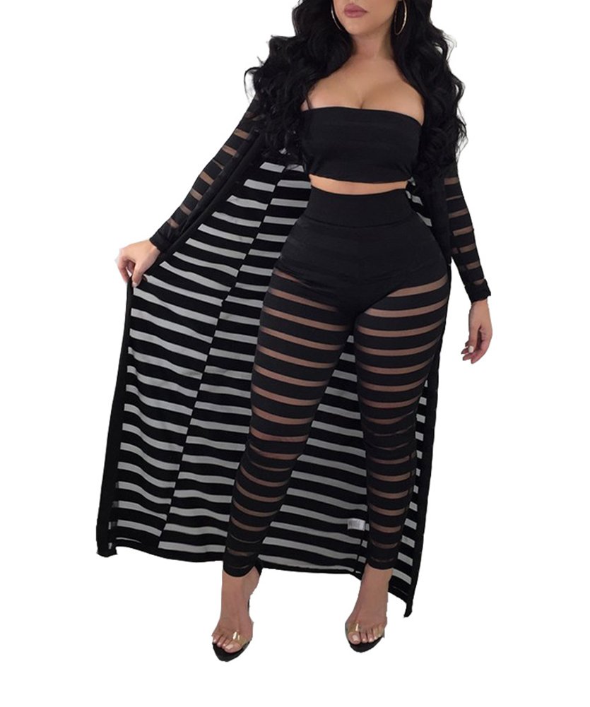 Ophestin Women's Sheer Mesh Tube Top & Long Pants Bodycon 3-Piece Cardigan Outfit Set | Sexy Jumpsuit for Club, Party & Night Out | Fashionable Lounge Wear for Women
