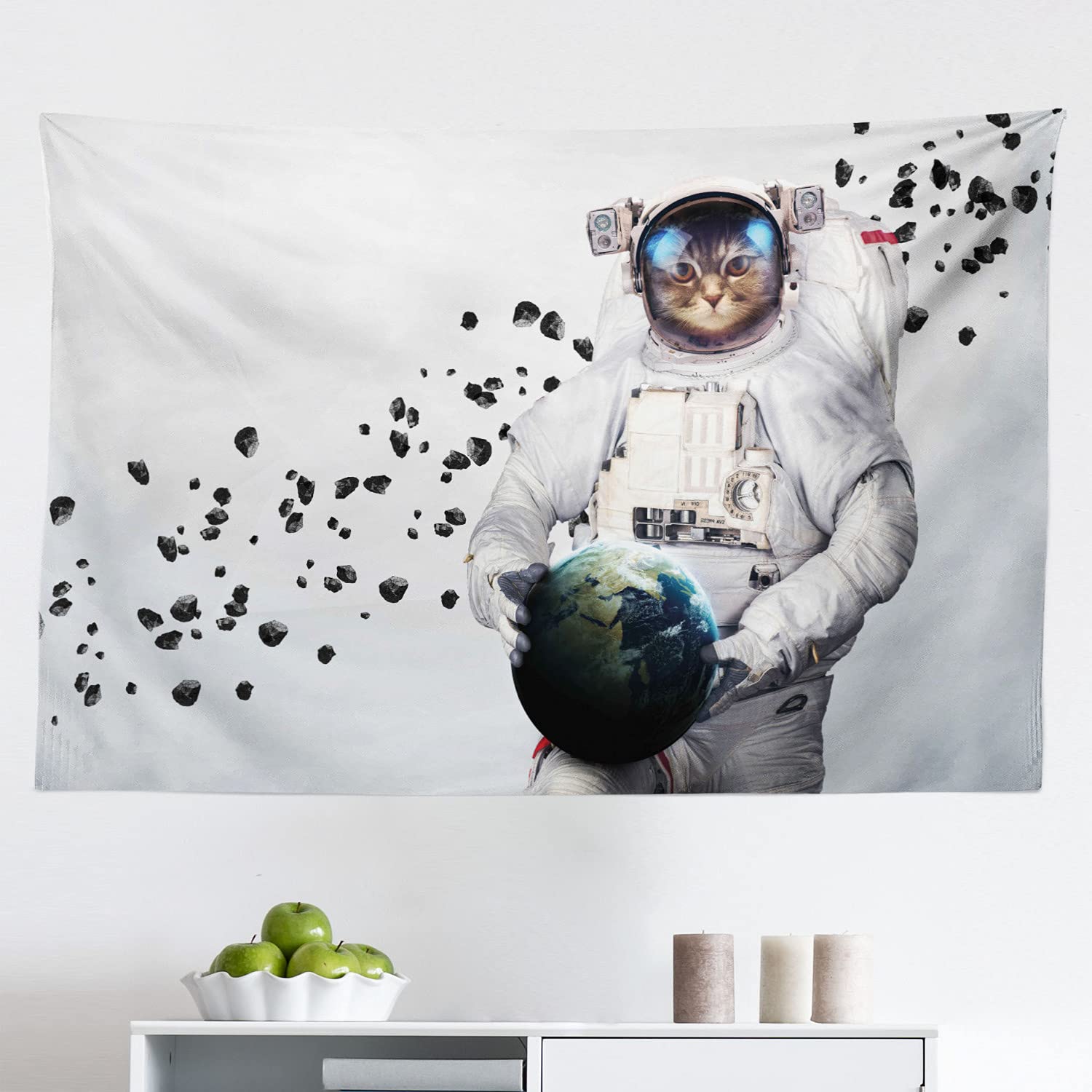 Ambesonne Space Cat Tapestry - Astronaut Kitten in Space Suit Holding Planet with Galaxy Print, 45x30 Inch Fabric Wall Art for Bedroom, Living Room, Dorm Decor - Perfect for Space Theme Rooms & Sci-Fi Lovers