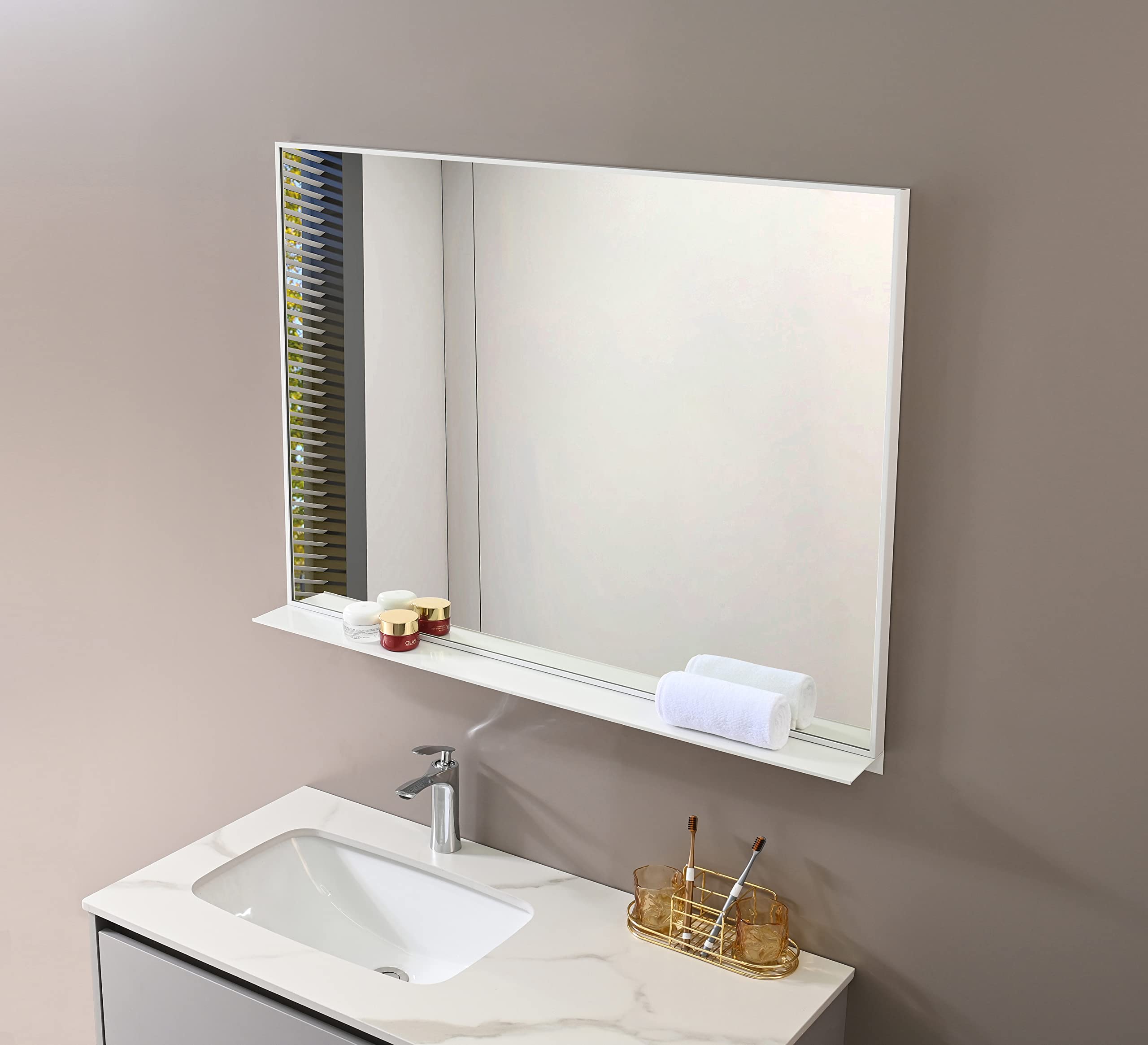 PetusHouse 40x30 Inch Rectangular White Framed Wall Mirror with Removable Shelf - Modern Bathroom, Bedroom & Living Room Decor - Perfect for Vanity, Entryway and Home Staging