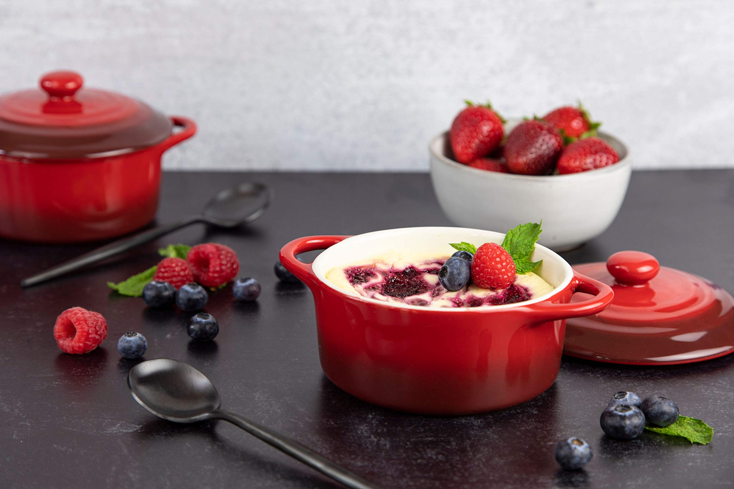 Kook Ceramic Mini Cocotte Set - 4-Piece 12oz Small Casserole Dishes with Lids | Oven, Microwave & Dishwasher Safe Stoneware Ramekins | Perfect for Individual Baking, French Onion Soup & Dessert Serving | Crimson Ombre Color