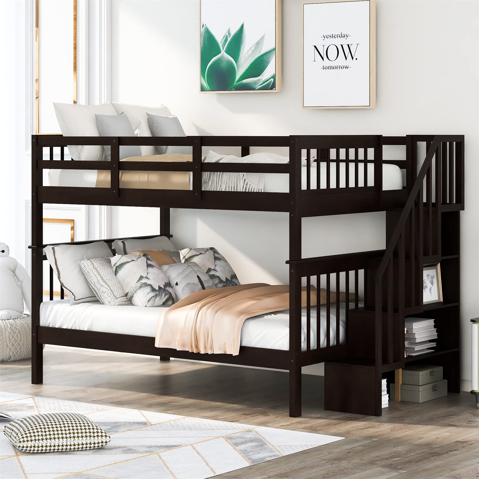 Full Over Full Bunk Beds with Shelves & Stairs - Wooden Bunk Bed Frame with Storage for Kids, Teens & Adults - Detachable Espresso Bunkbed for Boys, Girls, Women & Men - Perfect for Small Bedrooms, Guest Rooms & Shared Kids' Rooms