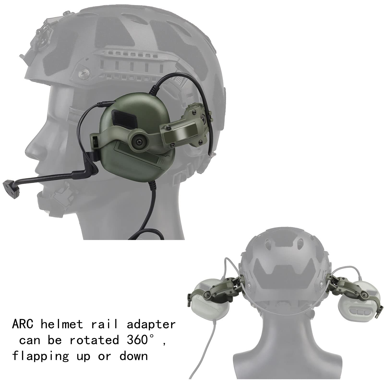 Tactical Headset with U94 PTT 2pin & ARC Rail Adapter - Compatible with Ops-Core Fast, ACH, MICH Helmets - Ideal for Airsoft, Hunting, Shooting & Military Training (Green)