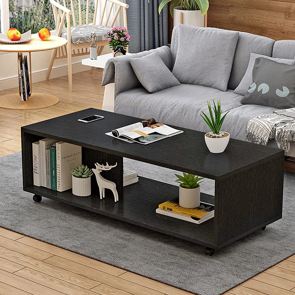 Modern Black Rectangle Coffee Table with 2-Tier Open Storage Shelf & Pulleys - 31.5x15.7x15 Inch - Stylish Living Room, Office & Reception Furniture for Small Spaces