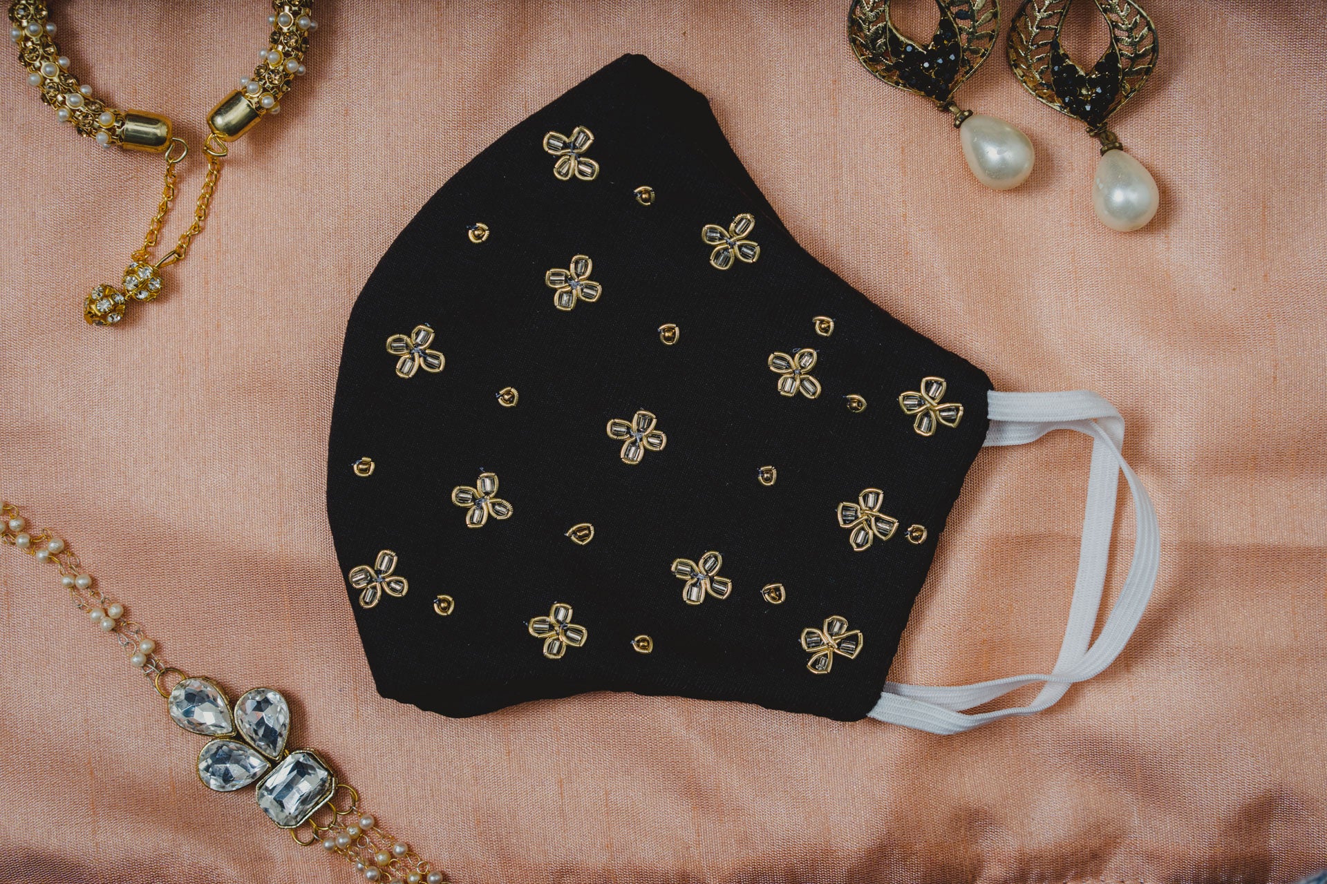 Floral Embroidered Black Cotton Face Mask - Breathable & Reusable for Daily Wear, Outdoor Activities, and Travel Protection