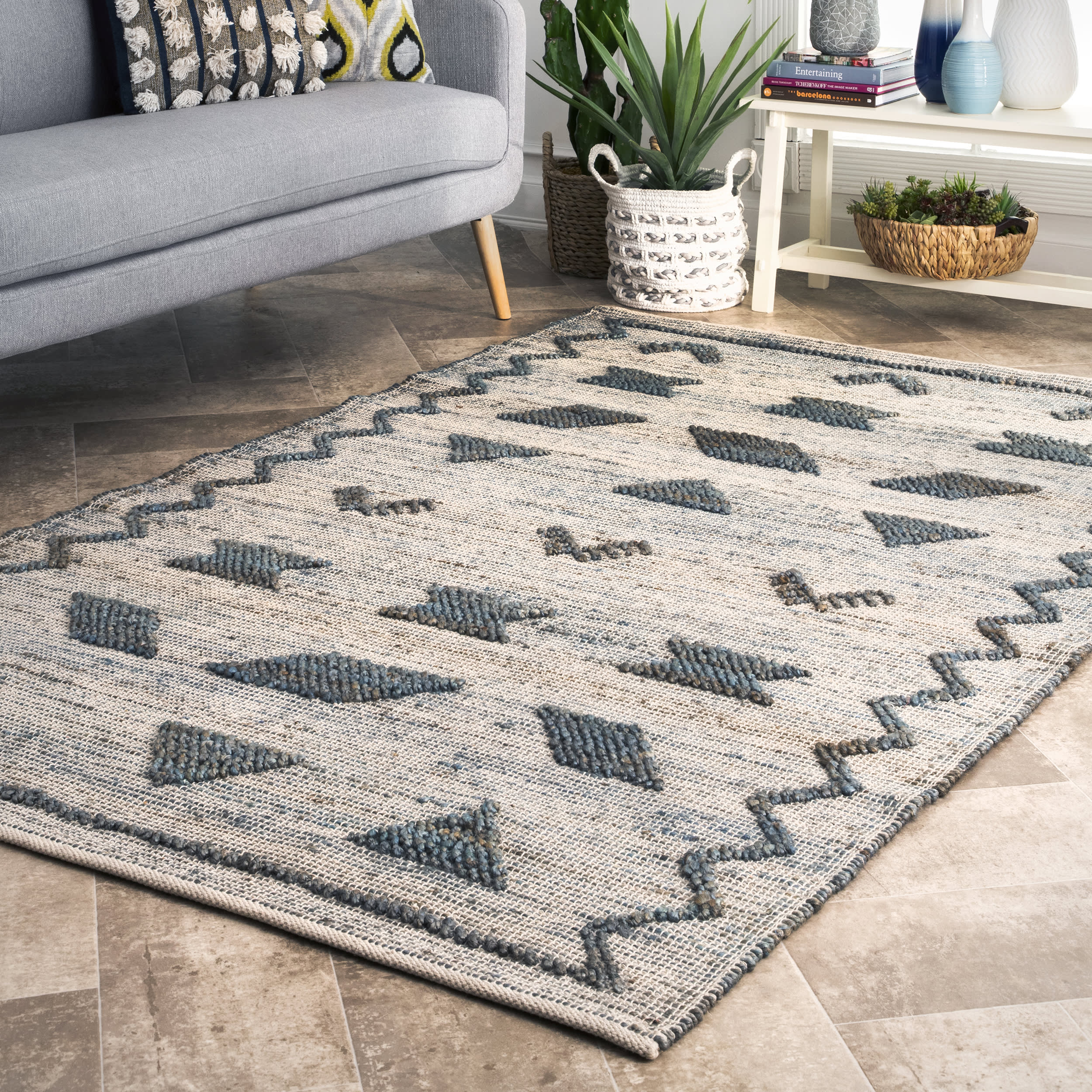 Blue Geometric Flatwoven Jute Rug - Eco-Friendly Natural Fiber Floor Mat for Living Room, Bedroom & Boho Home Decor