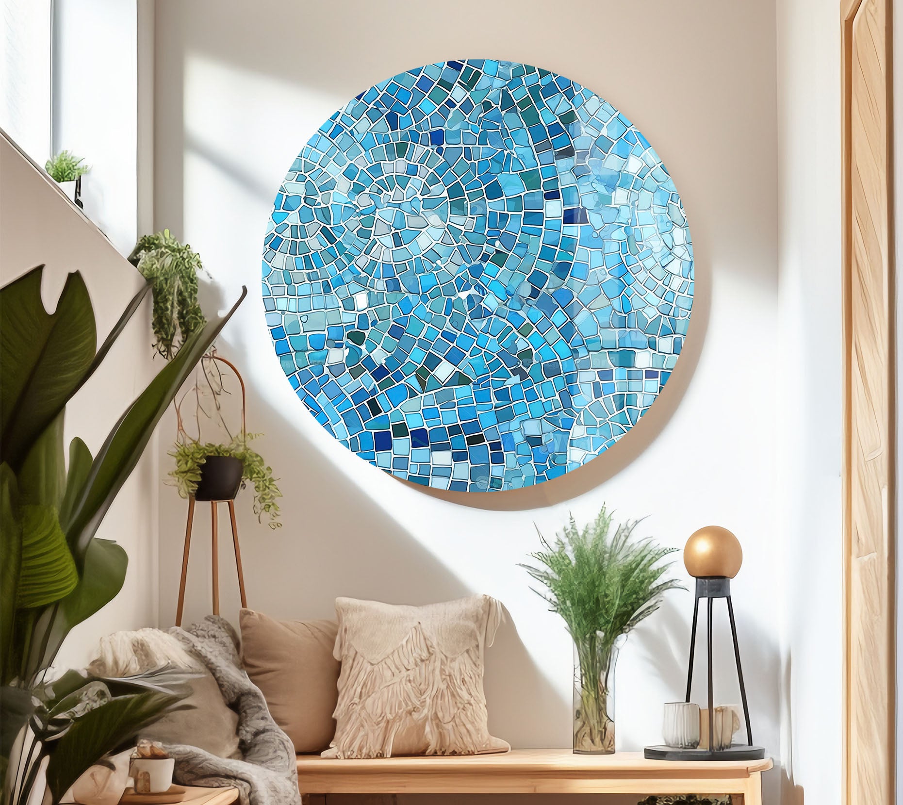 Aqua Blue Mosaic Glass Wall Art - Coastal Geometric Bathroom Decor for Spa, Beach House & Home - Perfect for Bathroom, Living Room, Bedroom Wall Decor