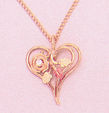 10kt Gold Three-Tone Heart & Leaves Pendant with Natural Diamond Accent - Red & Green Enamel Leaves - Includes 18