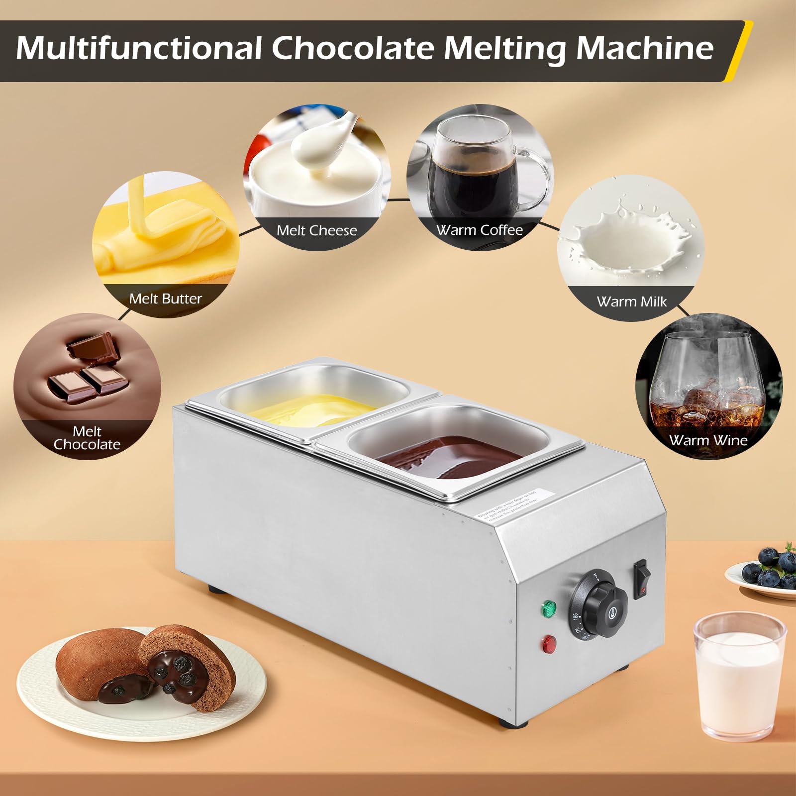 Dyna-Living 2-Tank Commercial Chocolate Melting Pot - 1000W Electric Chocolate Tempering Machine & Warmer for Milk, Coffee, Cheese - Perfect for Bakeries, Candy Shops & Home Chocolate Making