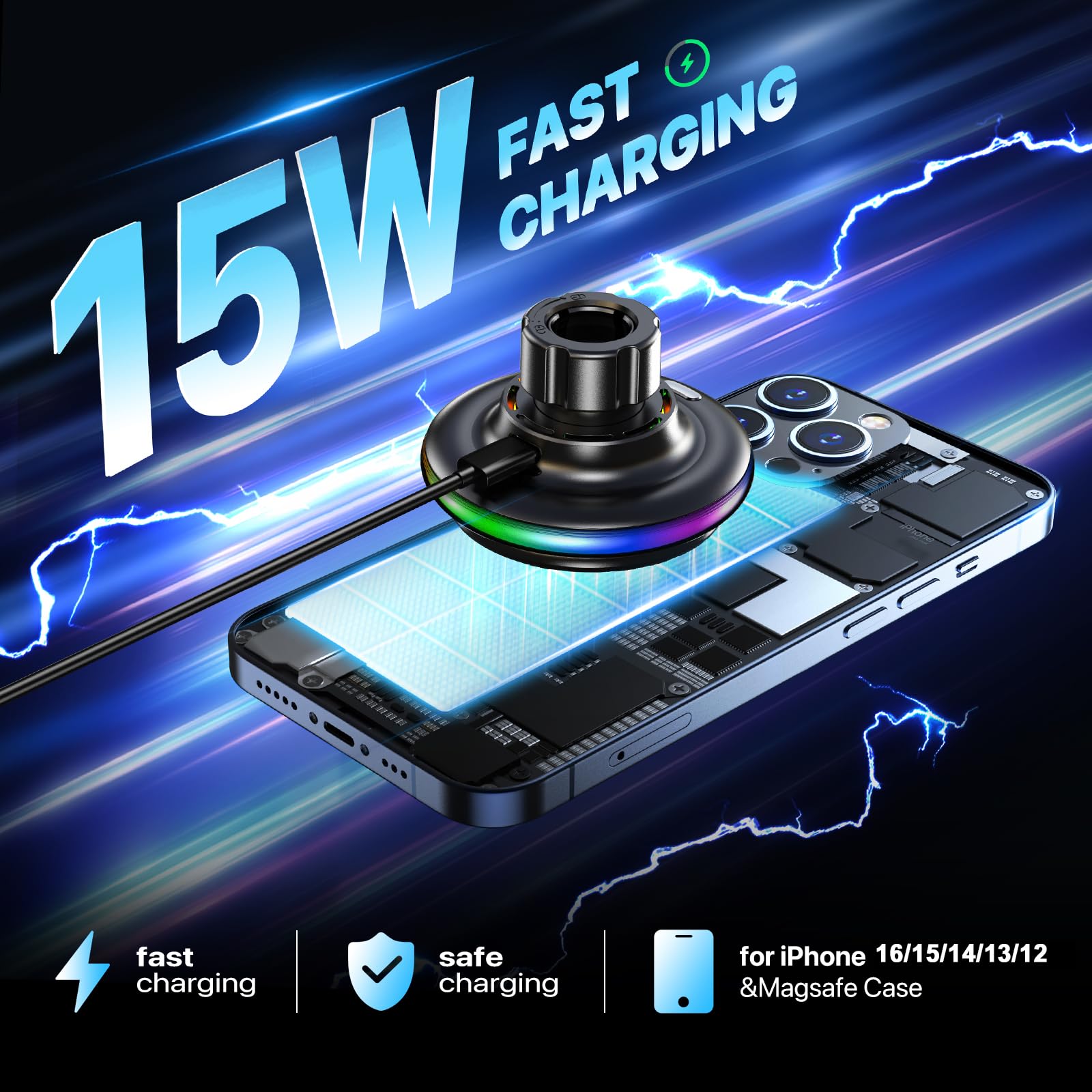 Magnetic Car Vent Mount with 15W Fast Wireless Charging - LED RGB Phone Holder for iPhone 16/15/14/13/12 | Secure Hands-Free Charging Solution for Commuting & Road Trips