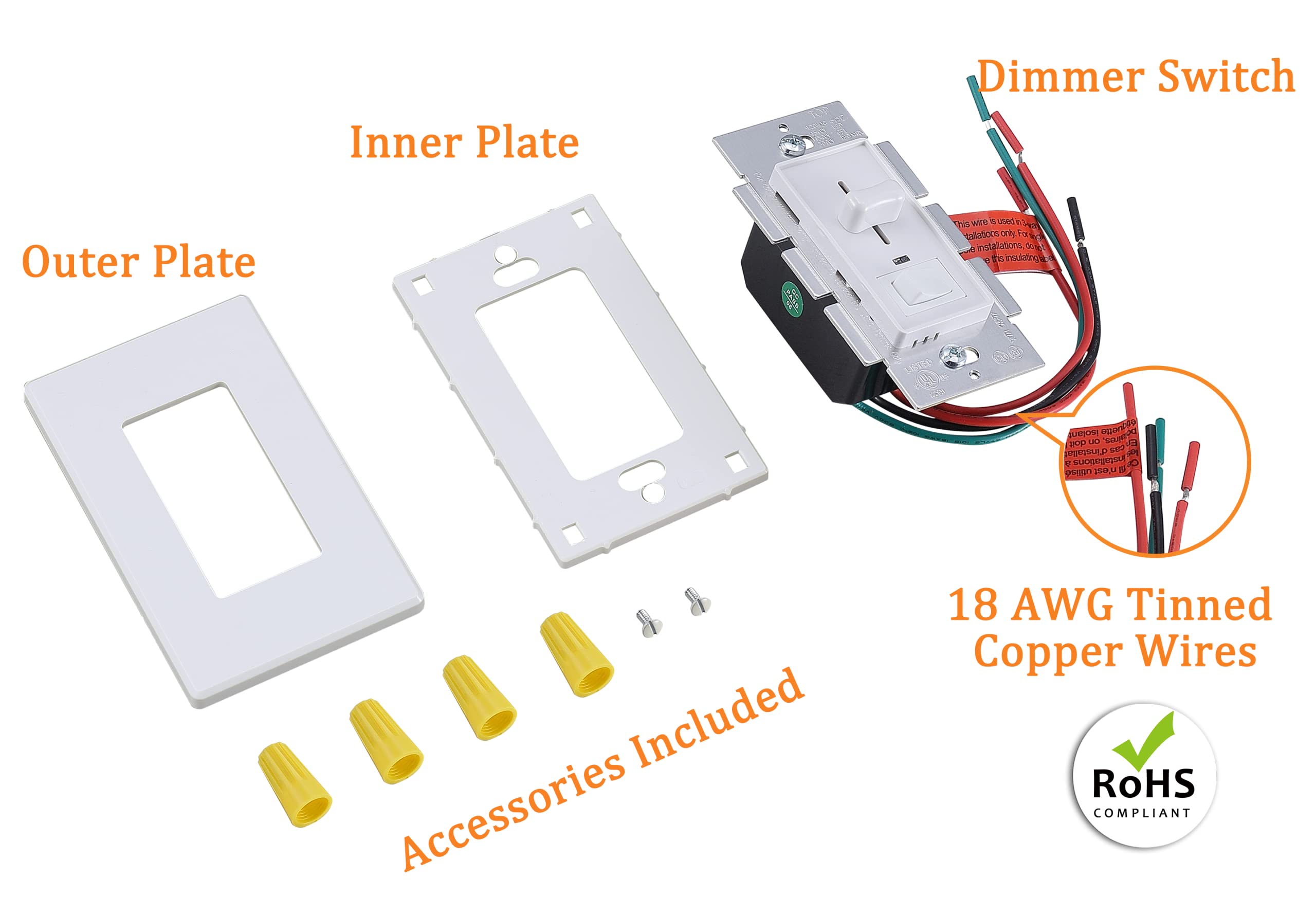 Cloudy Bay Wall Dimmer Switch with Green LED Indicator - 600W Max, 3-Way/Single Pole Dimmable for LED/CFL/Incandescent Lights - Includes White Cover Plate (10-Pack) - Perfect for Bedrooms, Living Rooms & Home Lighting Control