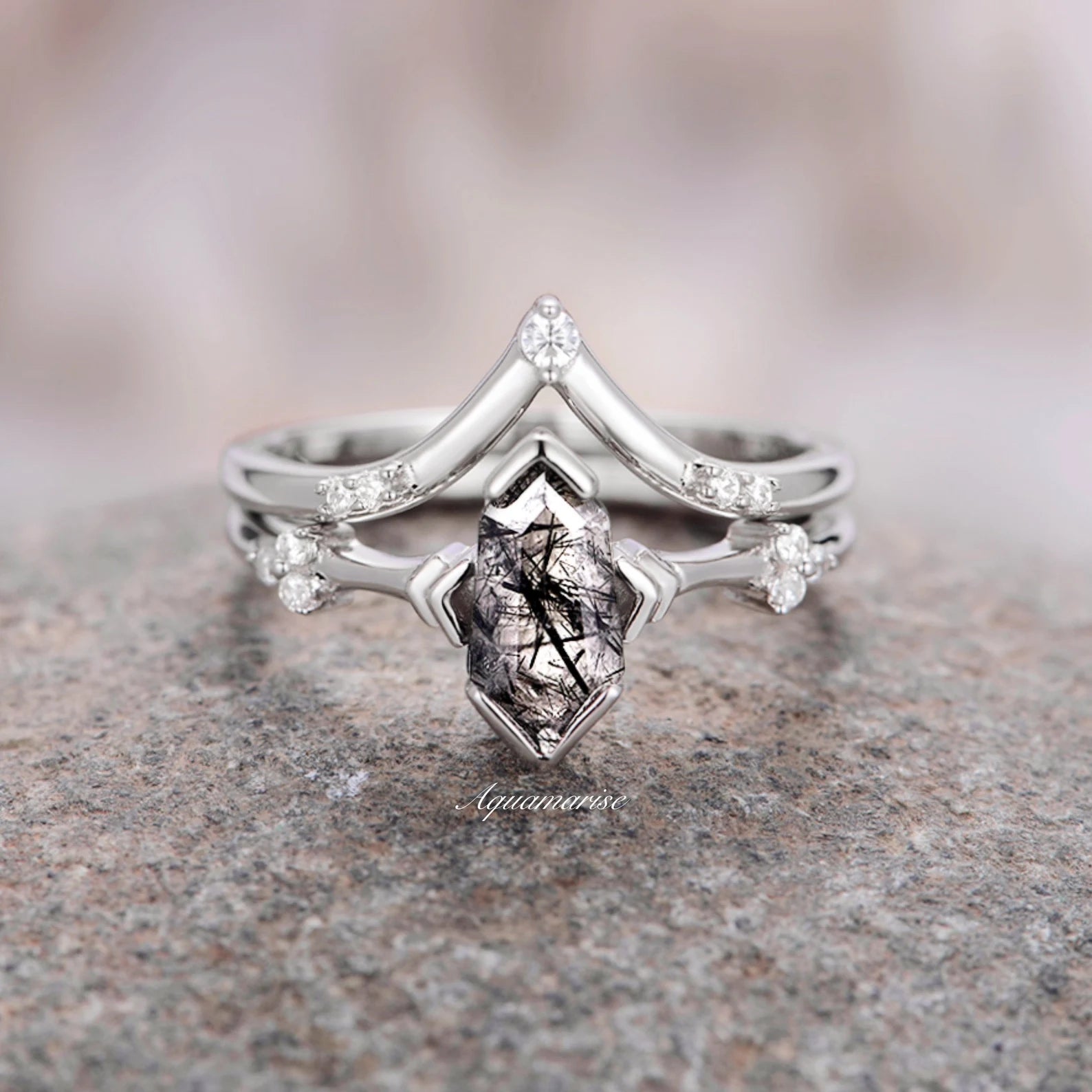 Rutilated Quartz Couples Ring - Matching Wedding Bands for Him & Her - Elegant Titanium or Sterling Silver Promise Rings - Perfect for Anniversaries, Engagements & Romantic Gifts