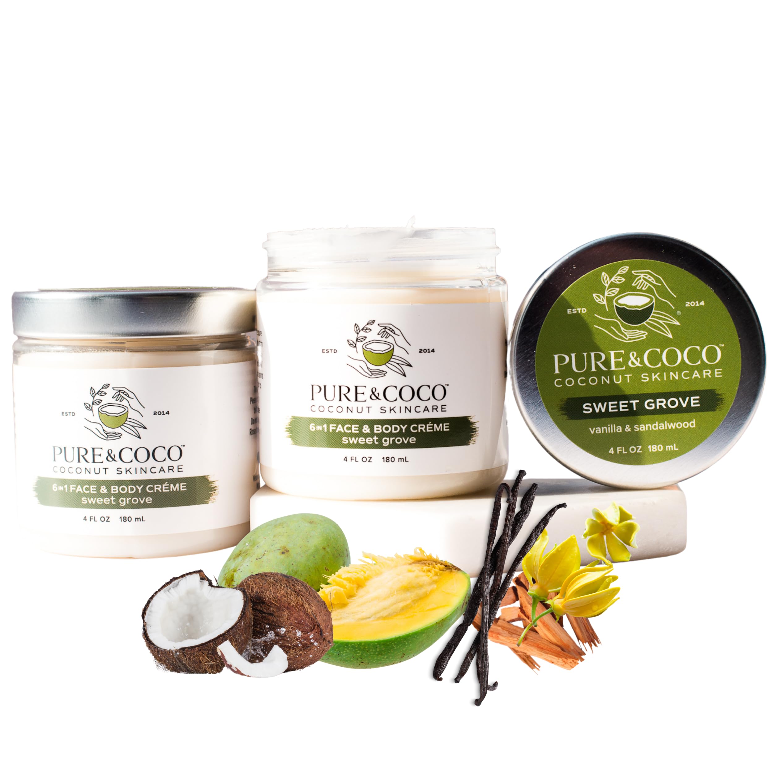 PURE & COCO: Sweet Grove 6-in-1 Face & Body Cream for Dry, Eczema & Anti-Aging Skin | Mango Butter, Organic Virgin Coconut Oil, Vitamin E for Skin Barrier Protection | Set of 2 (4 oz Jars) | Perfect for Daily Moisturizing, Night Care & Sensitive Skin Relief