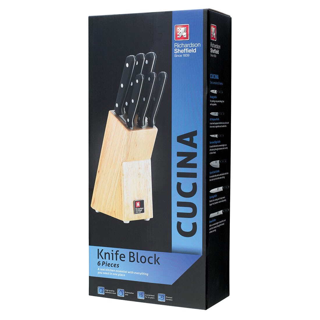 Premium Richardson Sheffield 6-Piece Cucina Knife Set with Wooden Block - Professional Kitchen Knives for Chefs & Home Cooking - Perfect for Slicing, Dicing & Food Prep