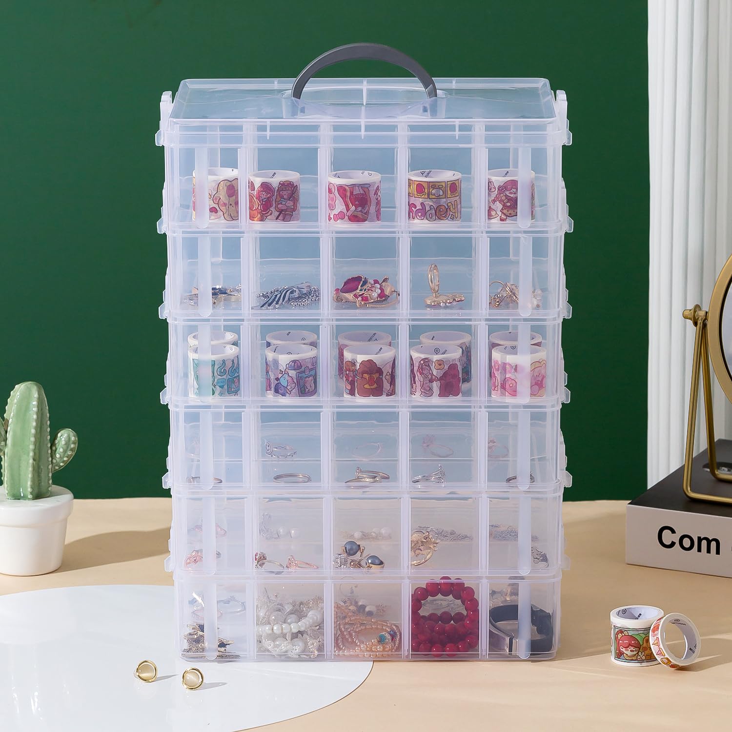 Gagee 6-Tier Craft Storage Organizer with 60 Adjustable Compartments | Stackable Bead & Jewelry Organizer Box for Arts & Crafts, Toys, Threads, Fuse Beads, Washi Tapes, Hot Wheels | Clear Plastic Storage Containers for Home, Office & Craft Room Organization