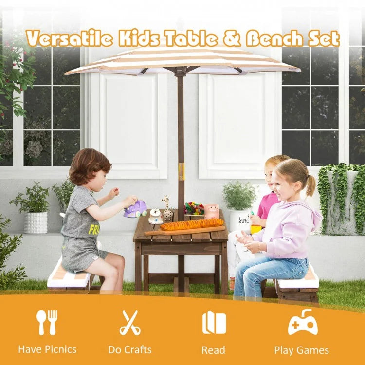 Adjustable Kids Picnic Table Set with Bench & Cushions - Outdoor Play, Garden, Patio Furniture for Children - Brown Height-Adjustable Umbrella Included