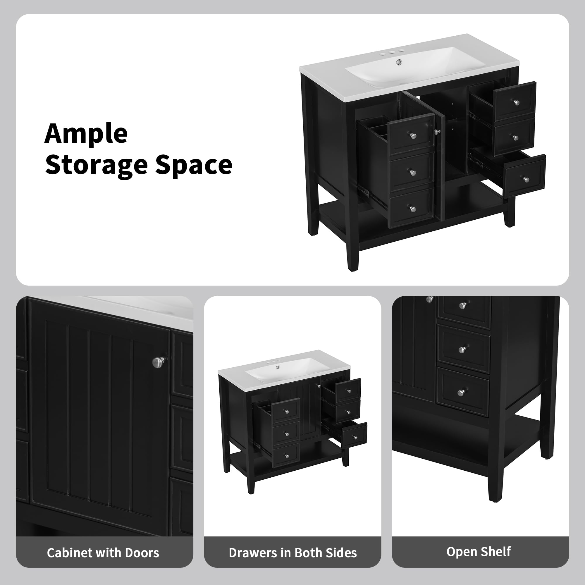Harper & Bright Designs 36 Inch Bathroom Vanity with Sink - Freestanding Single Basin Vanity Set with Cabinet & 3 Drawers - Wood Bathroom Cabinet with Ceramic Sink - Black - Perfect for Small Bathrooms, Powder Rooms & Master Baths