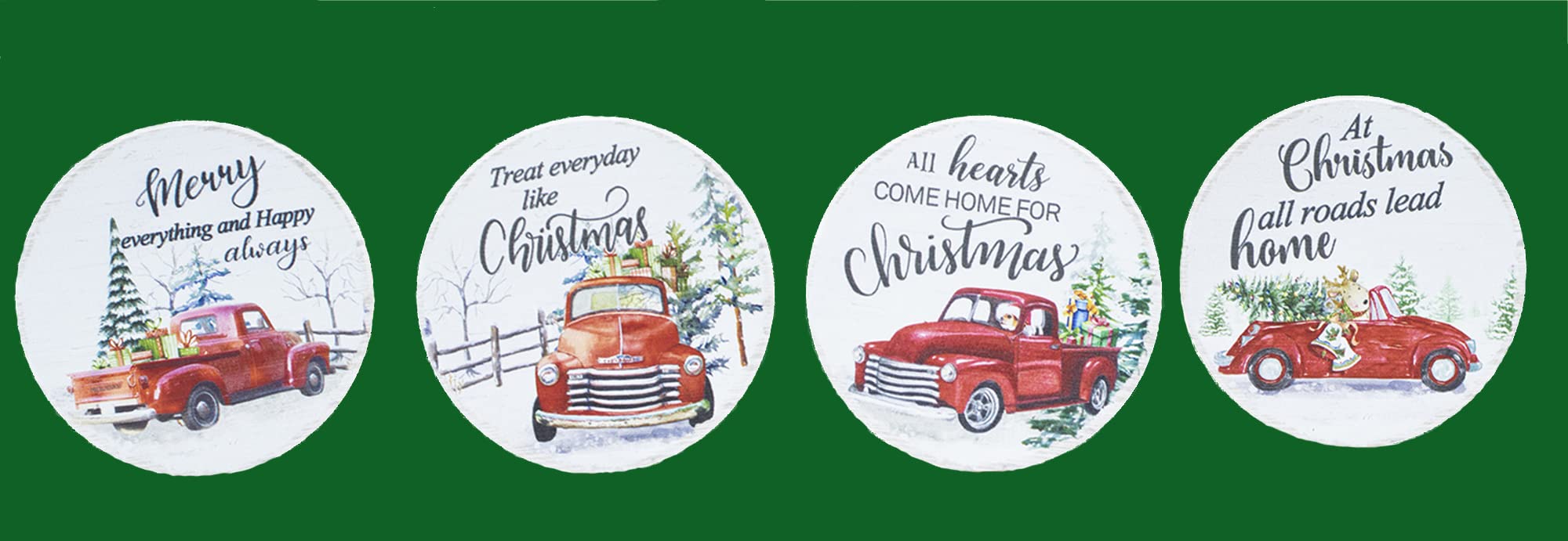 Christmas Ceramic Coasters Set of 4 - Red Truck & Car Holiday Theme with Cork Backing - 3.75 Inch Round Drink Coasters Featuring Festive Phrases & Scenes - Perfect for Holiday Parties, Home Decor & Gift Giving