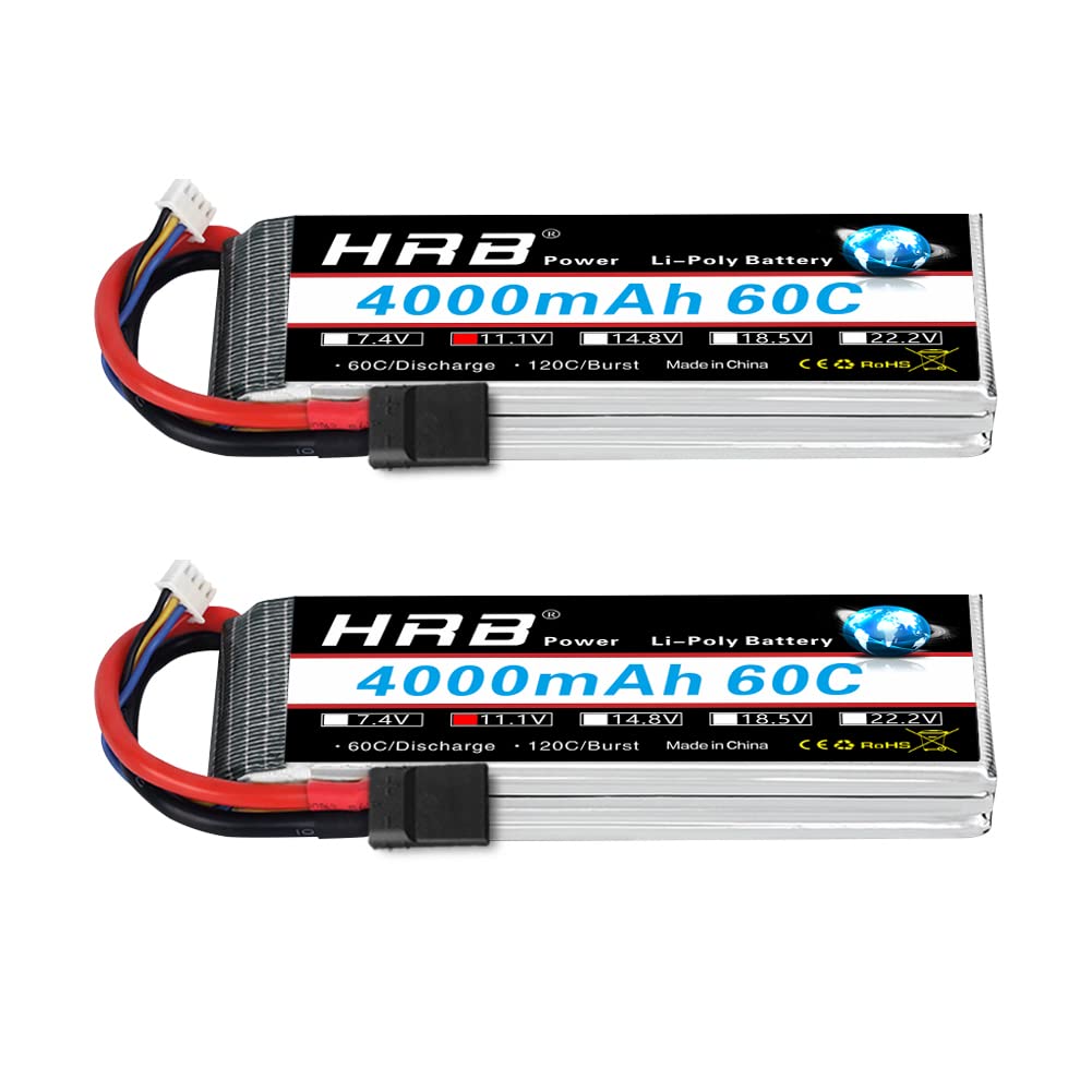 HRB 2PCS 3S Lipo Battery 4000mAh 11.1V 60C High Performance RC LiPo Batteries for RC Airplane, Helicopter, Car, Truck, Boat - Perfect for FPV Racing, Drone Flying & RC Hobby Enthusiasts