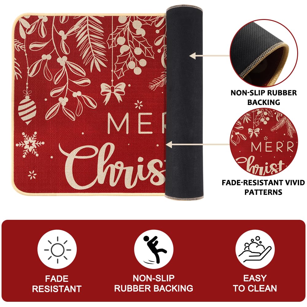 Christmas Kitchen Rugs Set of 2 - Non-Slip Holiday Floor Mats with Holly Pine Design for Xmas Decor, Red Winter Kitchen Mats for Farmhouse, Bedroom & Entryway - Perfect for Holiday Gatherings and Cozy Home Decor