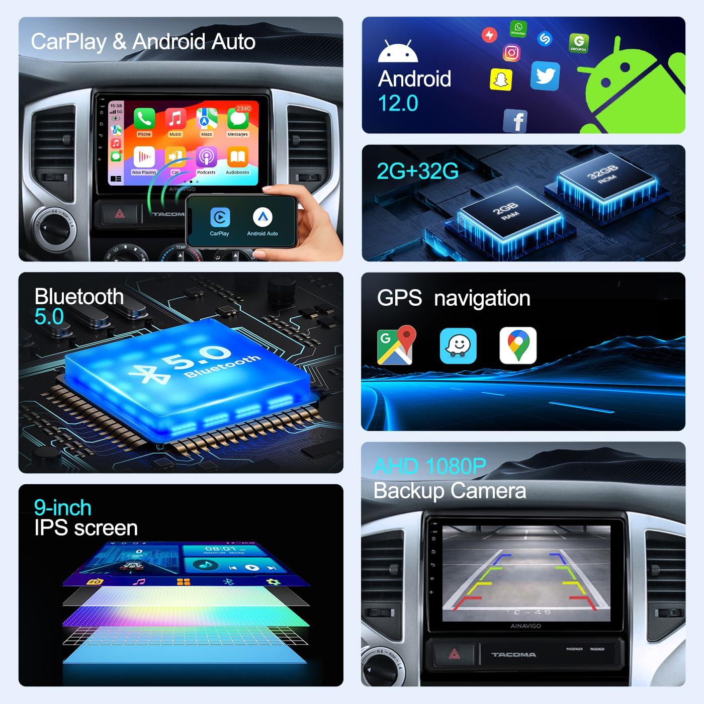 9 Inch Android 12 Car Stereo for Toyota Tacoma 2005-2015 - 5G WiFi, Wireless CarPlay & Android Auto, Touch Screen GPS Navigation, Bluetooth, FM/RDS Radio, HD Backup Camera - Perfect for Road Trips & Daily Commutes