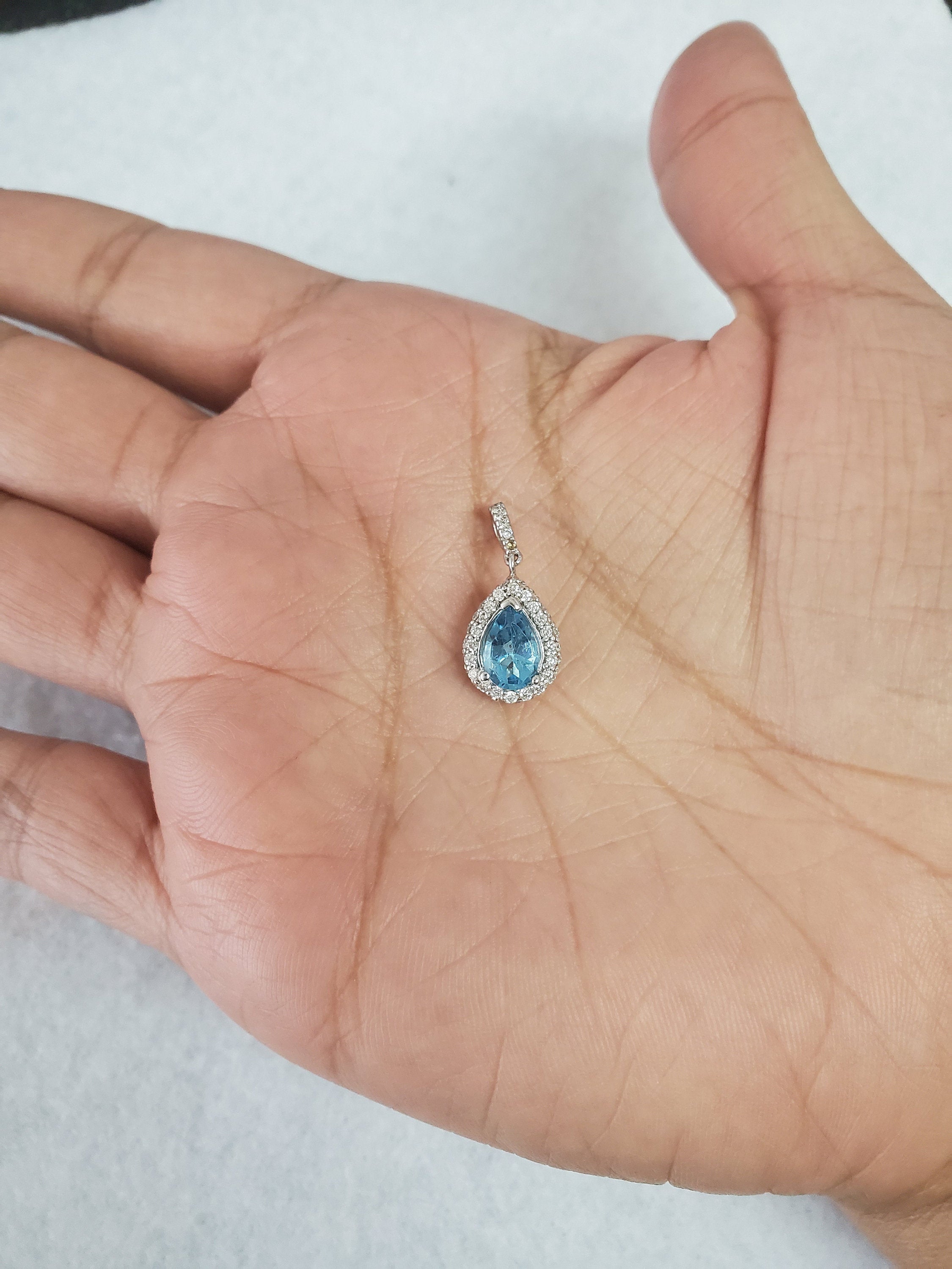 Ocean Blue Topaz Teardrop Diamond Pendant .37cttw 14k White Gold Necklace - Elegant Jewelry Gift for Women, Perfect for Anniversaries, Birthdays & Special Occasions