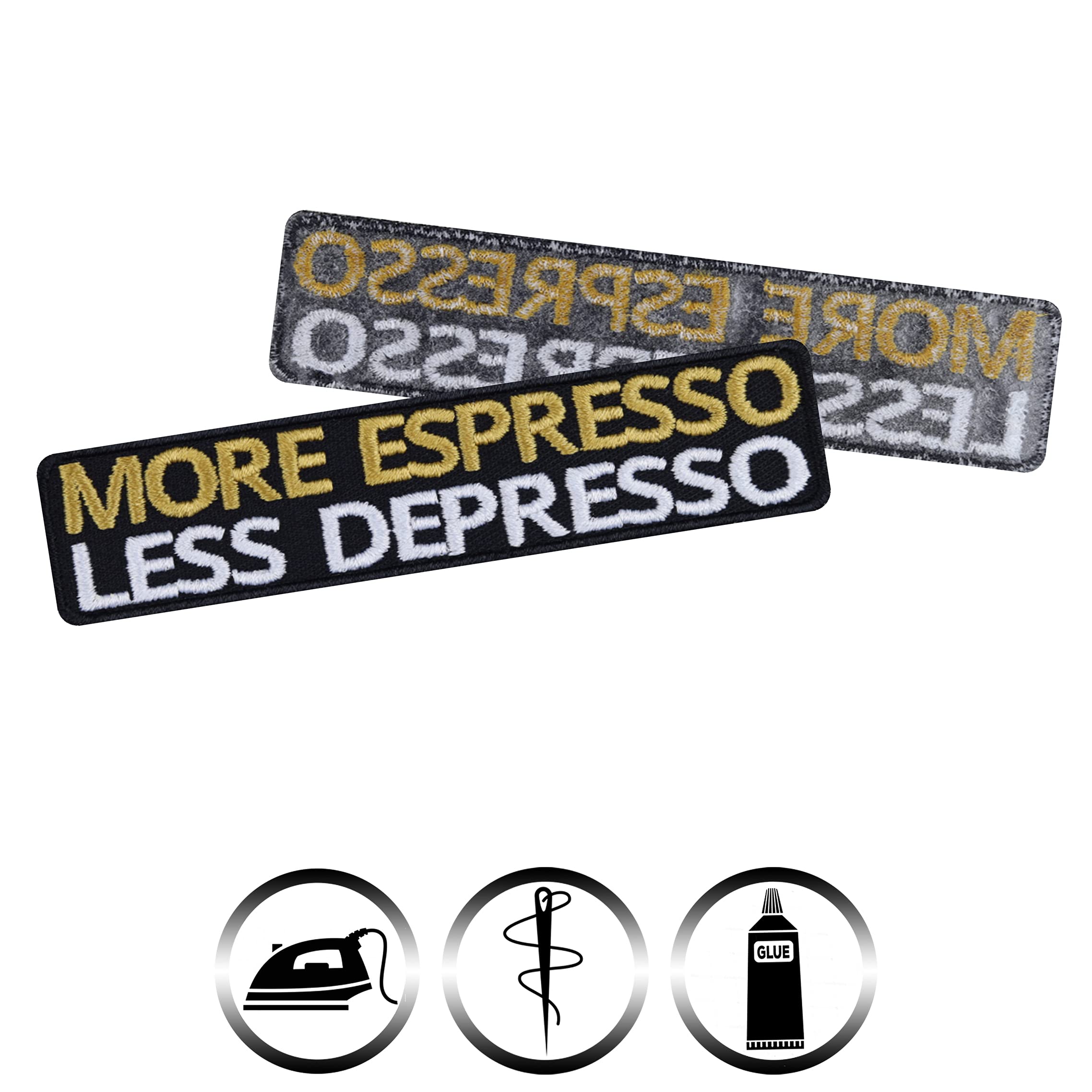 Coffee Lovers Embroidered Iron On Patches - More Espresso Less Depresso Funny Slogan Applique for Backpacks, Jackets, Jeans & Vests (3.54x0.78 Inch) - Perfect for DIY Crafts, Biker Gear & Hipster Fashion