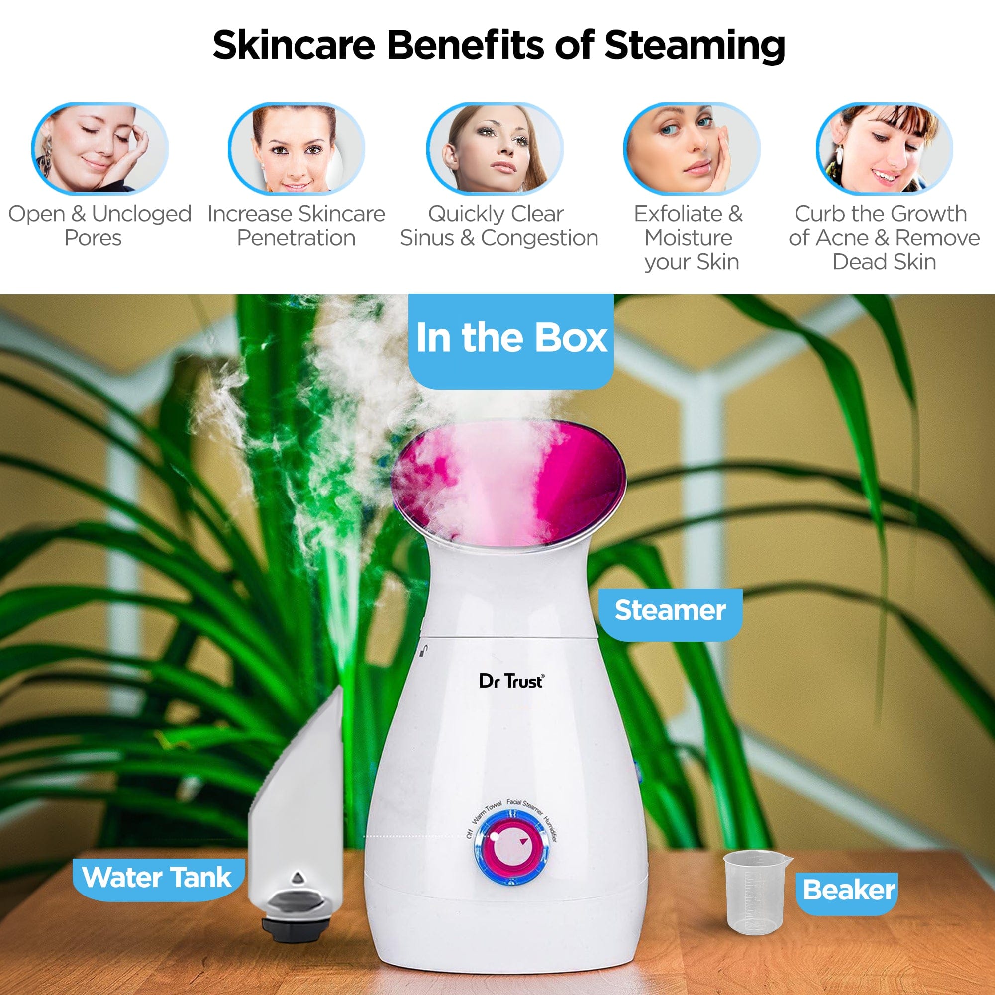 Dr Trust USA 3-in-1 Nano Ionic Facial Steamer & Vaporizer for Skin Care - Pink (Model 905) | Professional Facial Spa Treatment at Home for Hydration & Deep Cleansing
