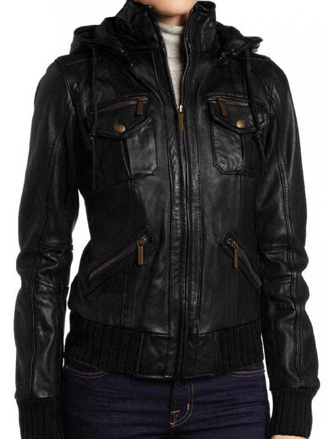 Women's Lambskin Leather Bomber Jacket with Detachable Hood - Stylish & Warm Outerwear for Fall & Winter Fashion