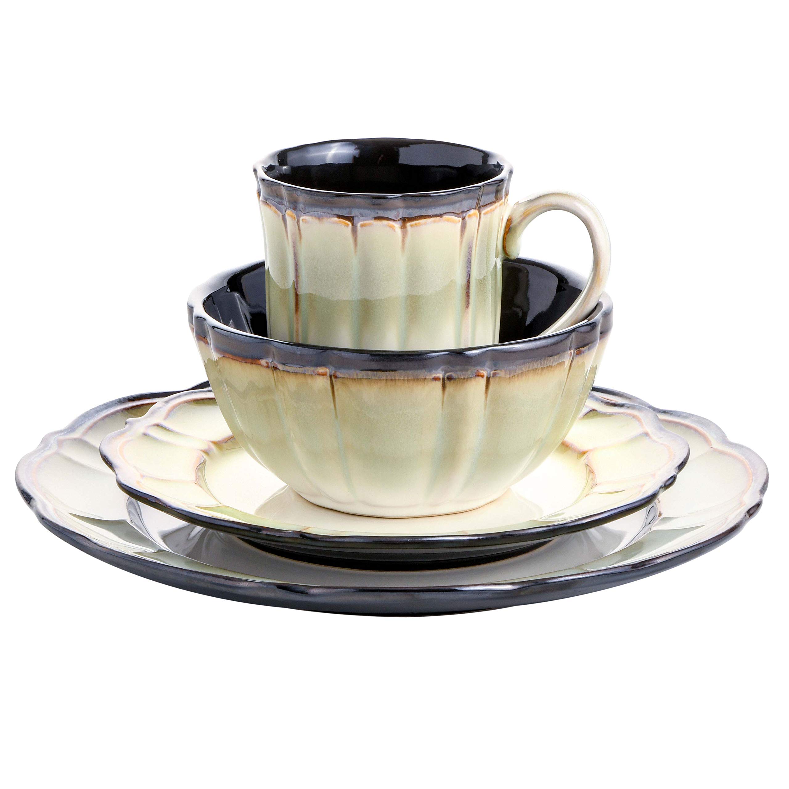 Premium Gibson Elite Althea Reactive Dinnerware Set - 16-Piece Green & Cream Porcelain Tableware for 4 | Elegant Dinner Plates, Bowls & Mugs | Perfect for Family Meals, Dinner Parties & Restaurant-Style Dining