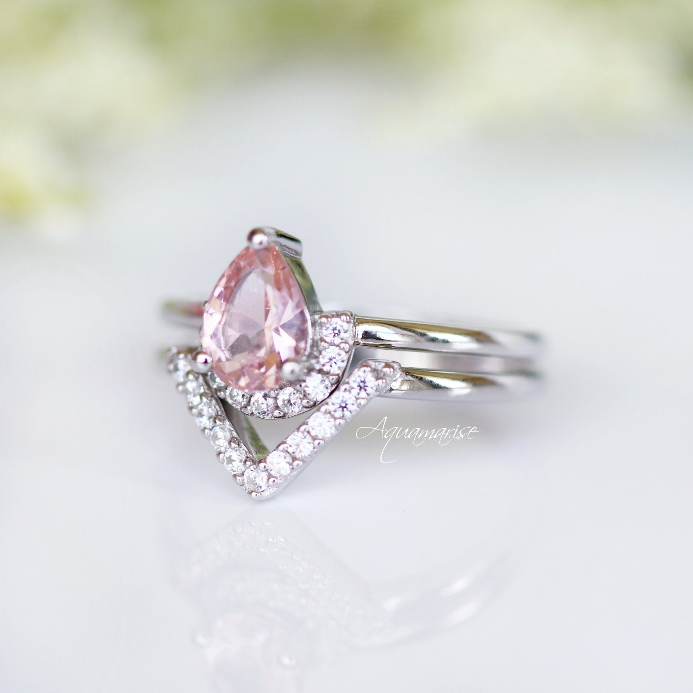 Aria Morganite Ring Set in Sterling Silver - Elegant Rose Gold Plated Wedding Band for Women, Perfect for Engagement, Anniversary & Valentine's Day Gifts