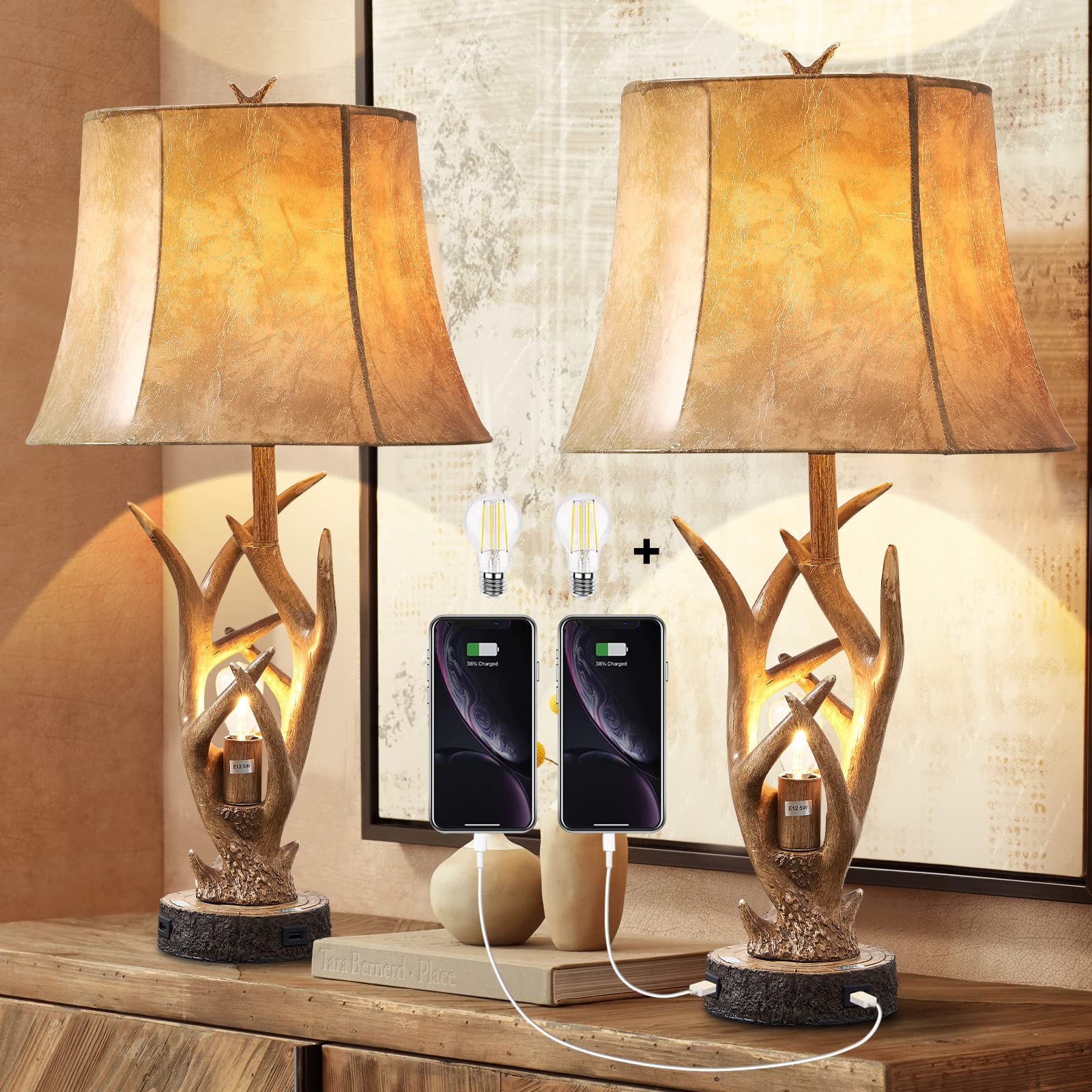 Rustic Western Deer Table Lamps with Nightlight - Set of 2, 26
