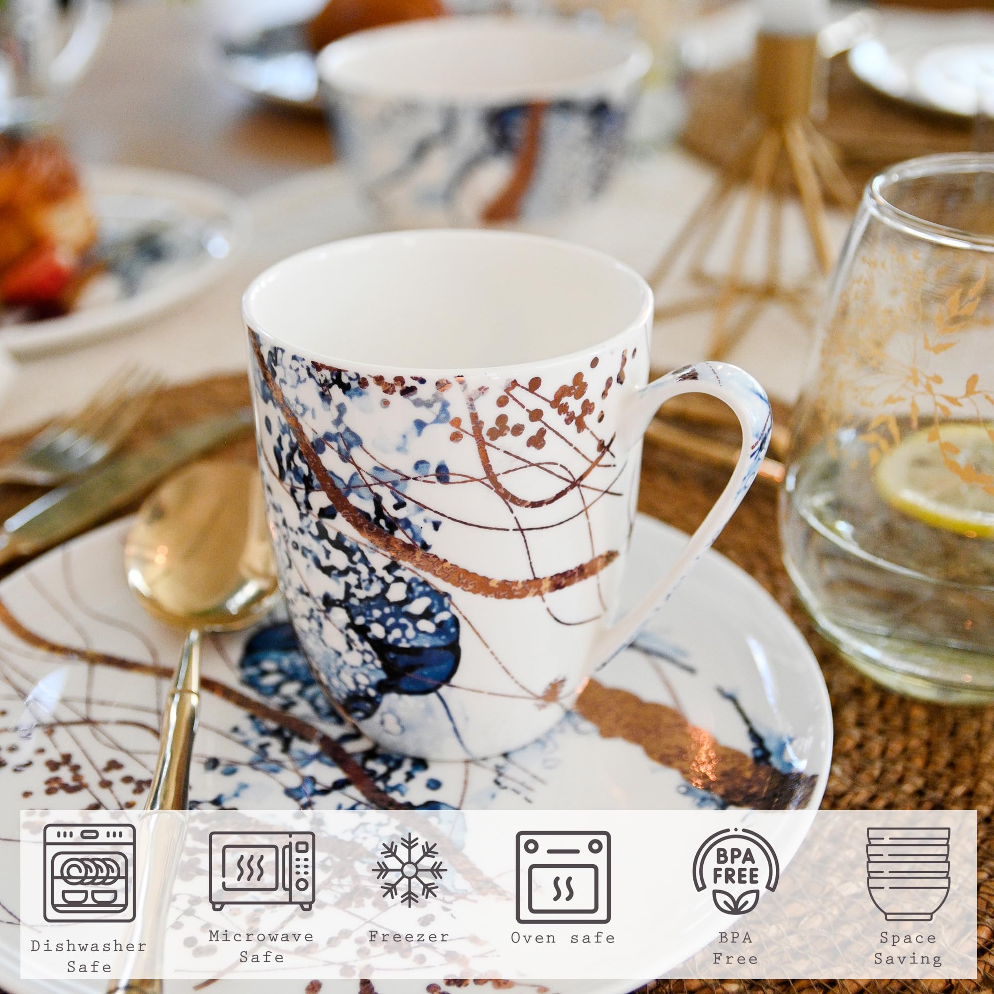 Premium KOKEN 16-Piece Bone China Dinnerware Set for 4 - Elegant Microwave Safe Plates, Bowls & Mugs - Classic White Tableware Set for Daily Use, Dinner Parties & Special Occasions (Ocean Blue)