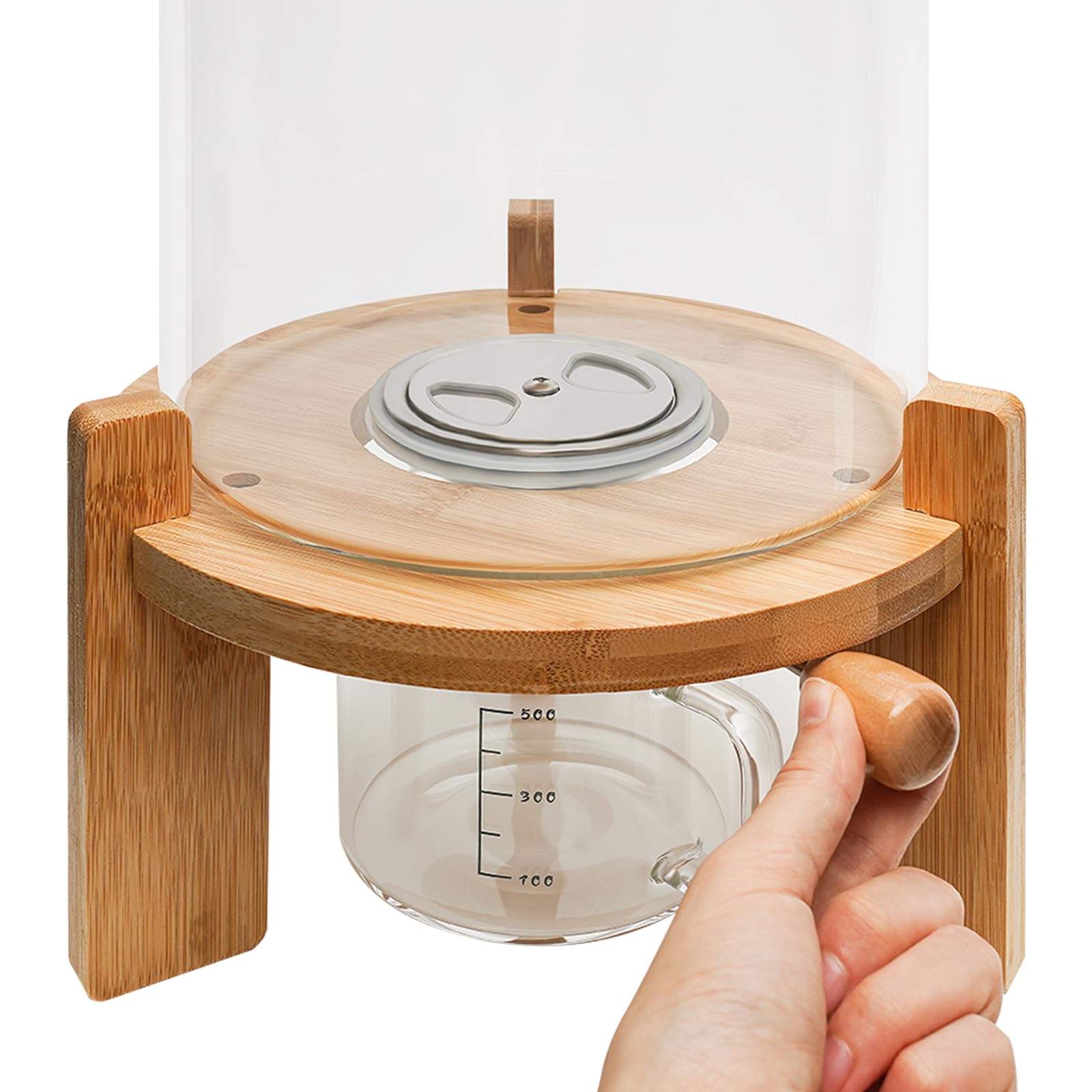 5L Glass Rice & Cereal Dispenser with Wooden Stand - Airtight Food Storage Container for Grains, Dry Food - Includes Measuring Cup & Valve Seal - Perfect for Kitchen Pantry Organization & Bulk Food Storage