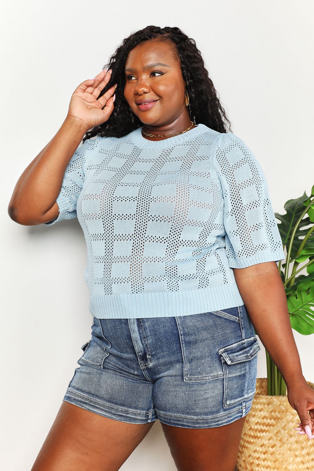 Stylish Ribbed Trim Round Neck Knit Top for Women - Soft Stretch Casual T-Shirt | Perfect for Layering, Everyday Wear & Office Outfits