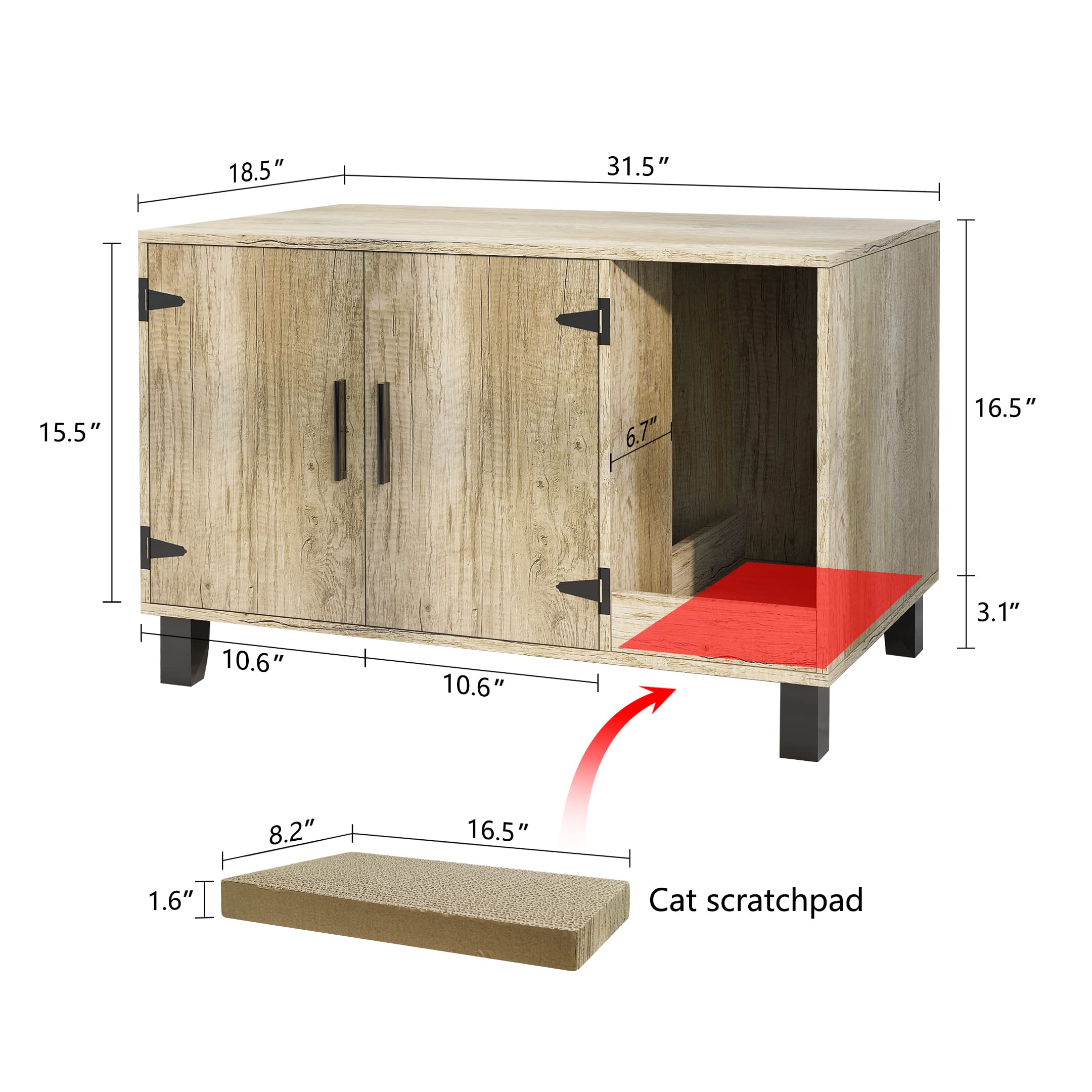 TaoHFE Wooden Cat Litter Box Enclosure Furniture - Hidden Litter Box Cabinet with Scratch Pad, Farmhouse Style, Oak Finish - Perfect for Home Decor & Pet Privacy
