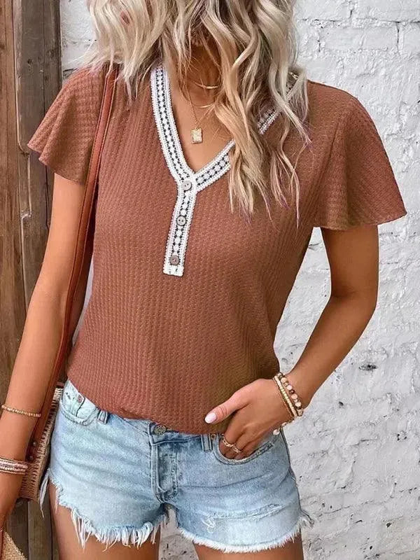 Flutter Sleeve Waffle Knit Women's Tops - Soft & Stylish Casual Shirt for Everyday Wear, Date Night & Office Outfits