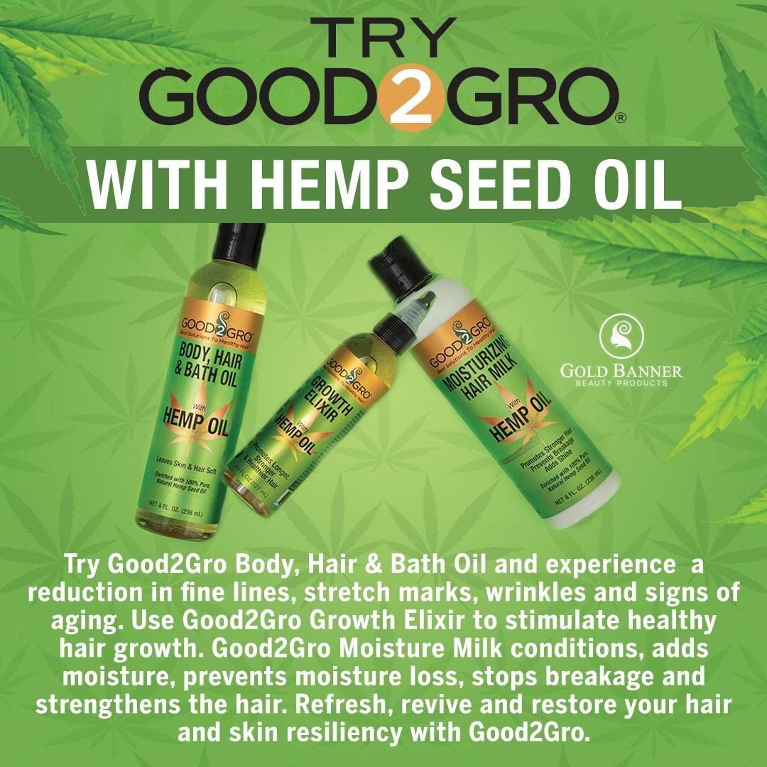 GOOD2GRO 3-in-1 Hair, Body & Bath Oil with Hemp Oil - 8oz | Hydrating & Healing Formula for Dry Skin & Hair | Improves Elasticity, Reduces Stretch Marks | Vegan, Cruelty-Free | Perfect for Daily Moisturizing & Post-Shower Care