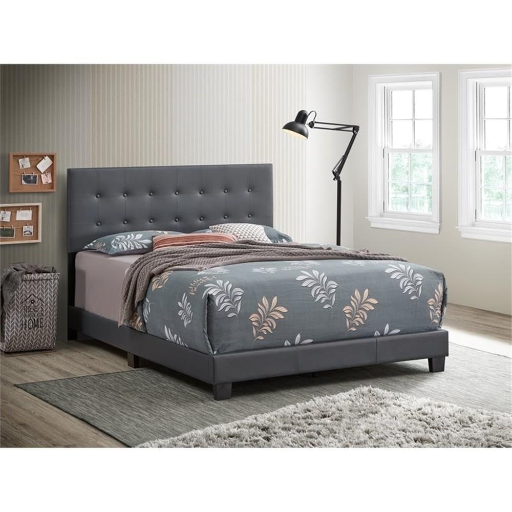 Glory Furniture Caldwell Faux Leather Upholstered Queen Size Bed Frame - Gray Modern Platform Bed for Master Bedroom | Durable Faux Leather Headboard with Wooden Slat Support