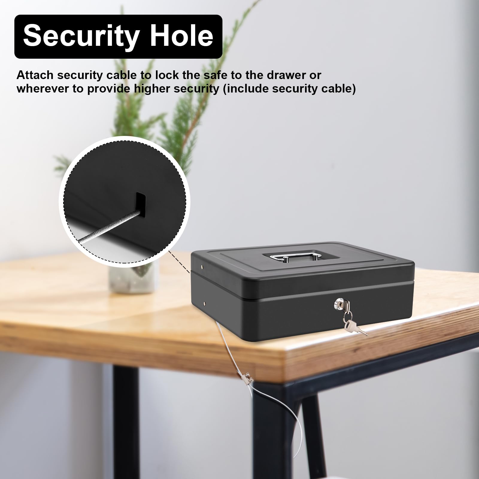 Large Heavy-Duty Steel Cash Box with Security Cable & Coin Cover - Portable Safe Lock Box with Money Tray, Key Lock & Adjustable Coin Organizer - Perfect for Home, Office, Retail Stores and Small Business Cash Management (Black)