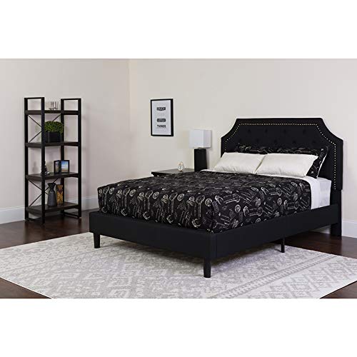 StarSun Depot Brighton King Size Tufted Upholstered Platform Bed with Pocket Spring Mattress - Black Fabric, 81