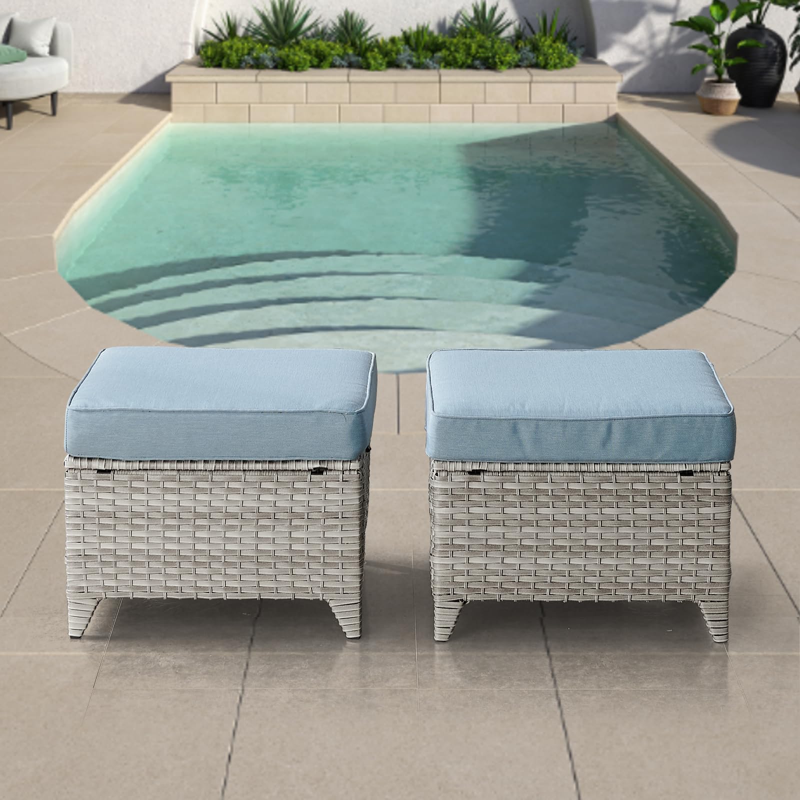 2-Piece All-Weather Rattan Ottoman Set with Soft Cushions - Outdoor Patio Furniture Footstool for Garden, Poolside & Deck Seating