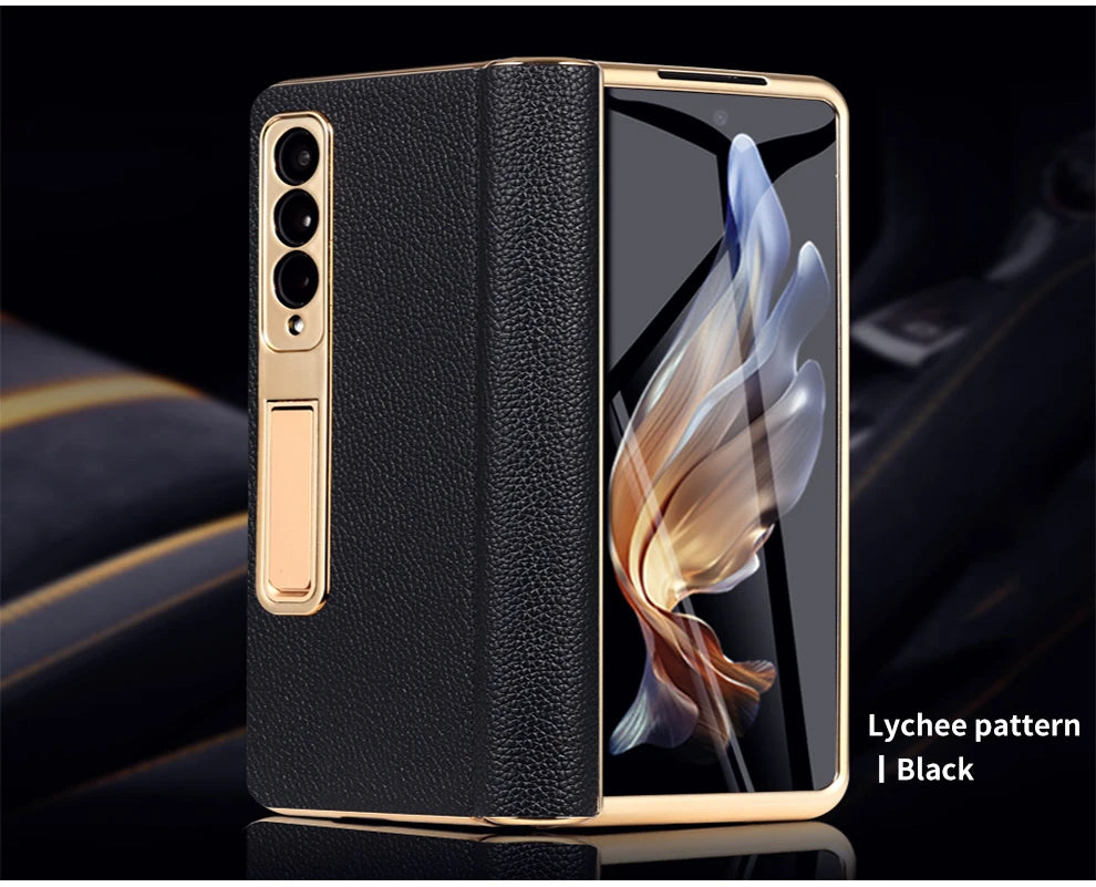 Premium Real Leather Phone Case for Samsung Galaxy Z Fold 6 with Hinge Kickstand - Slim Protective Cover for Work, Travel & Everyday Use