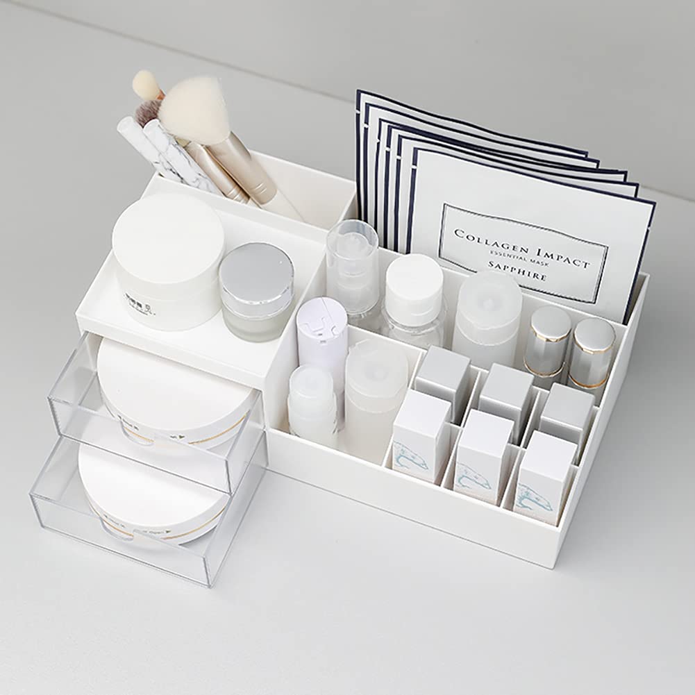 White Cosmetic Organizer with Drawer - Makeup & Skincare Storage Case for Vanity Desk, Dresser, Countertop - Perfect for Bathroom, Office & Beauty Display Organization