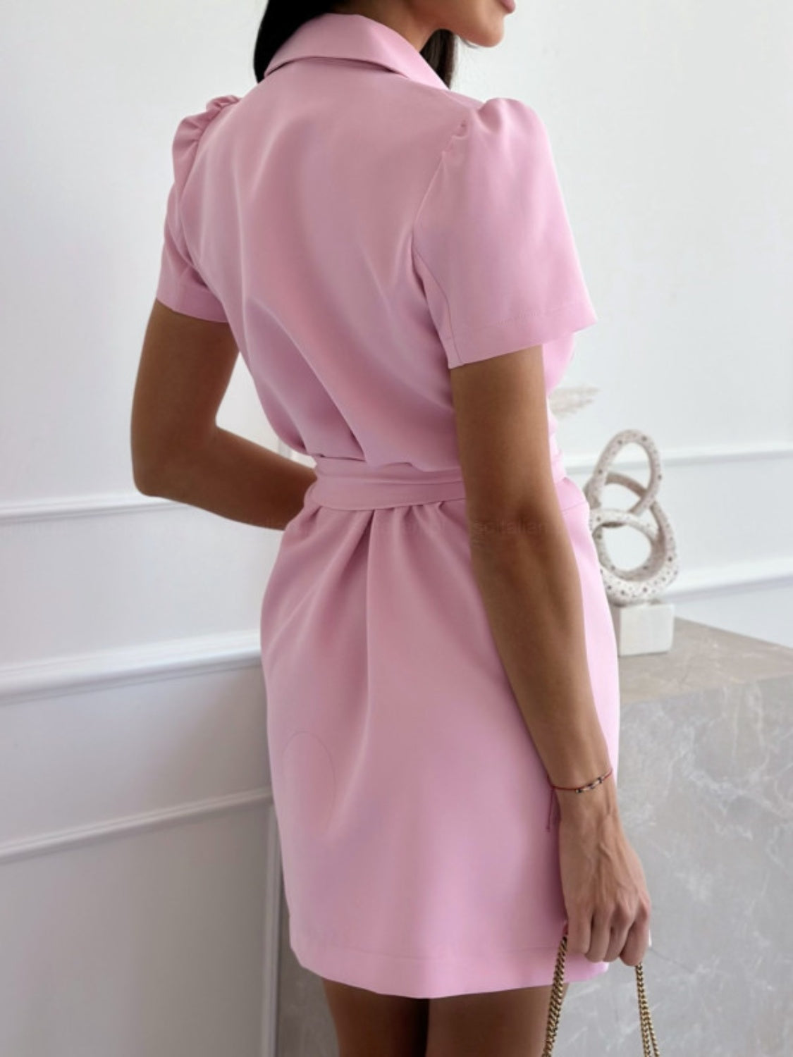 Women's Short Sleeve Tie Waist Mini Office Dress - Chic Workwear for Business Casual & Professional Outfits