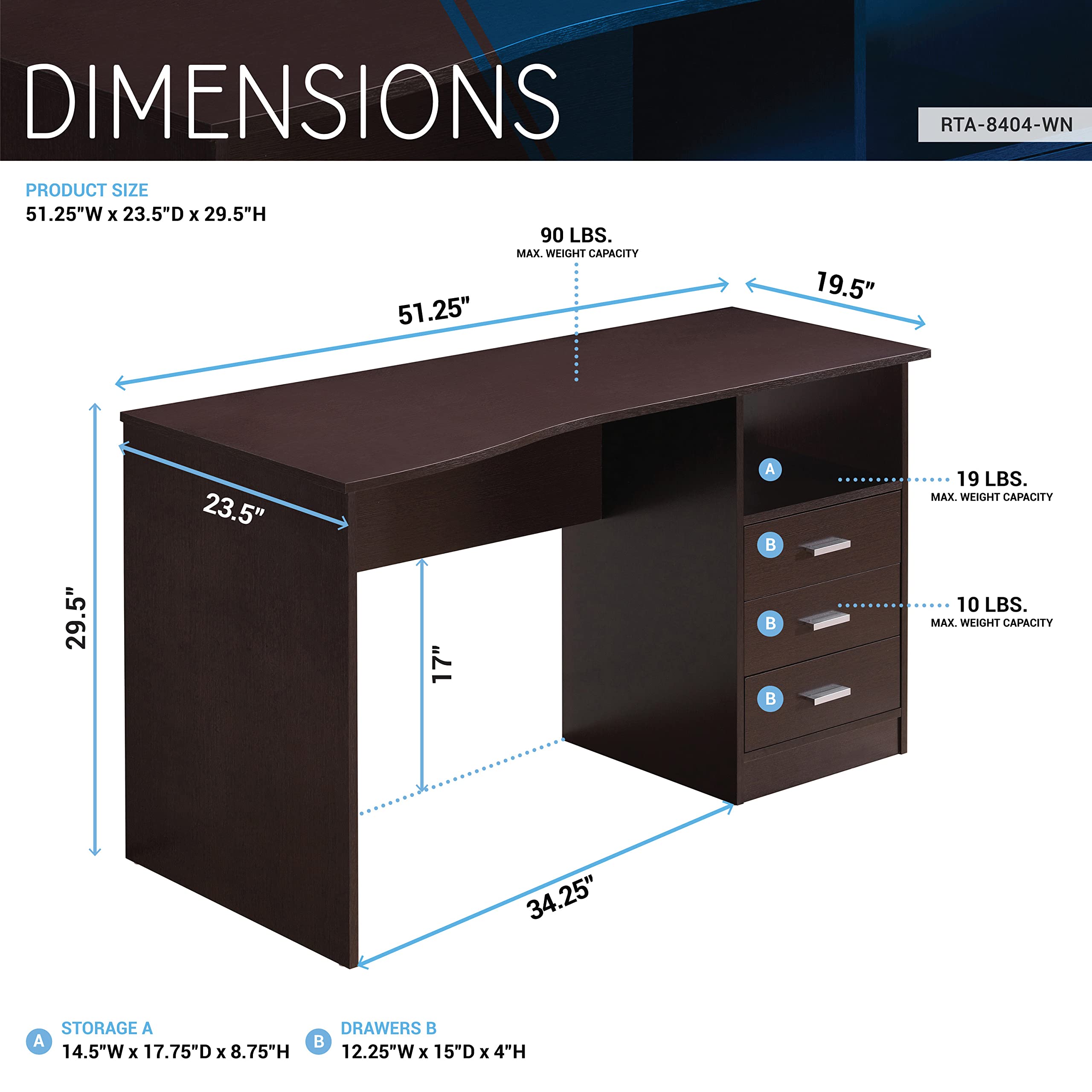 Techni Mobili Classic Computer Desk with Multiple Drawers - 29.5