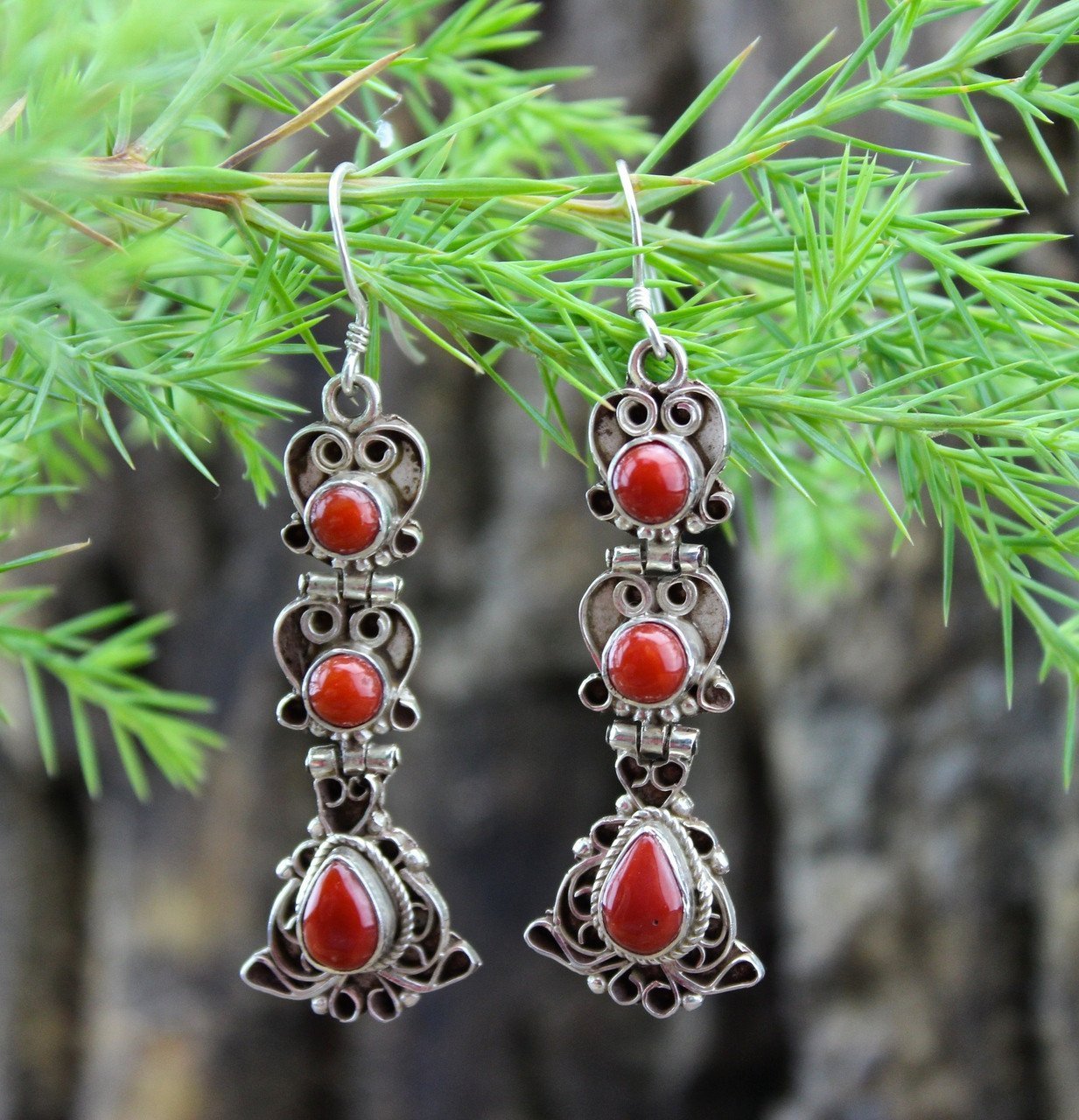 3 Tier Tibetan Coral Earrings for Women – Handmade Boho Ethnic Jewelry for Parties, Weddings & Special Occasions