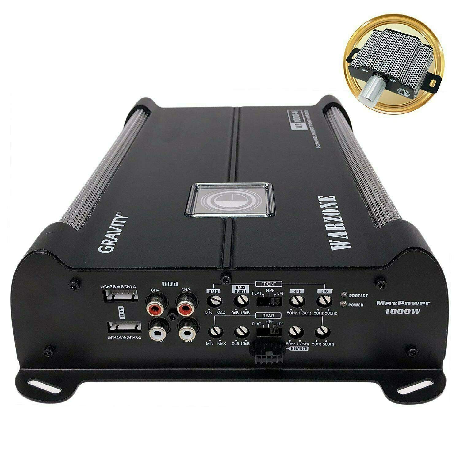 Gravity 1000.4 Class AB Car Amplifier 1000W 2/4 Ohm Stable 4-Channel MOSFET Power Supply for Subwoofers & Speakers - 2nd Gen with Phone Holder Bundle - Perfect for Car Audio Systems & Road Trips