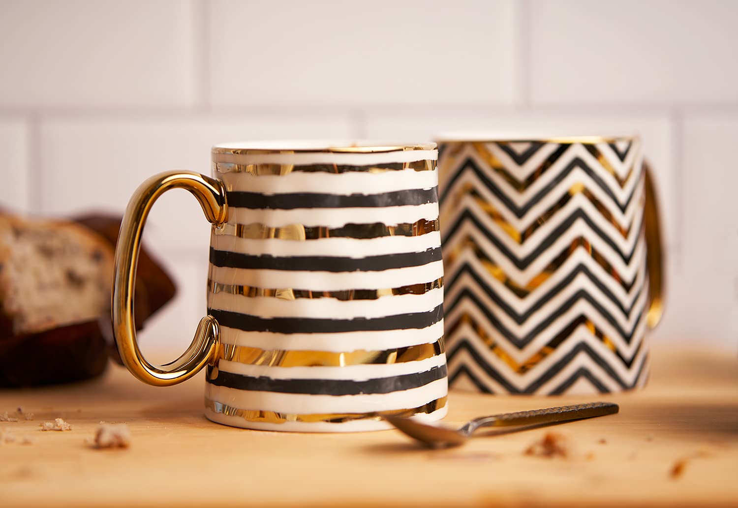 Premium Black and Gold Porcelain Coffee Mug Set - 14.8 oz Geometric Design with Metallic Accents - Elegant Tea Cups with Handles (Set of 2) - Perfect for Home, Office, or Gift Giving
